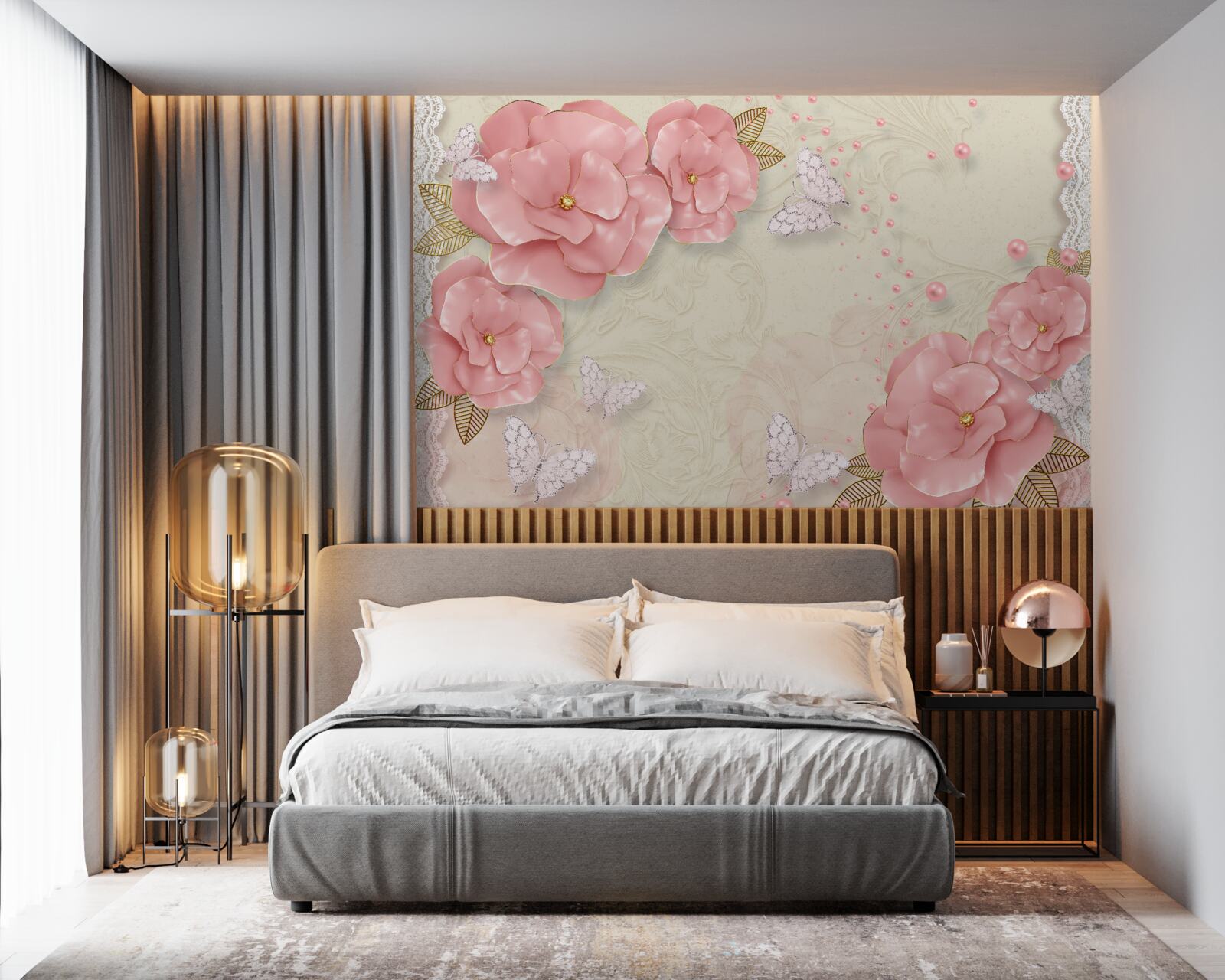 Fototapeta imponujące różowe pąki i czysto białe ćmy