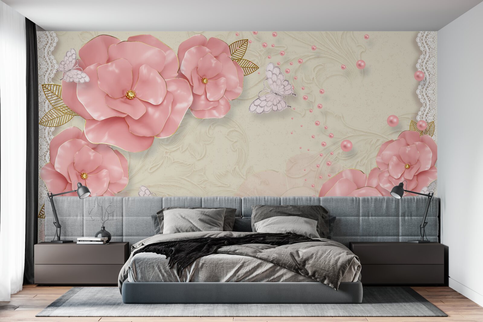 Fototapeta imponujące różowe pąki i czysto białe ćmy