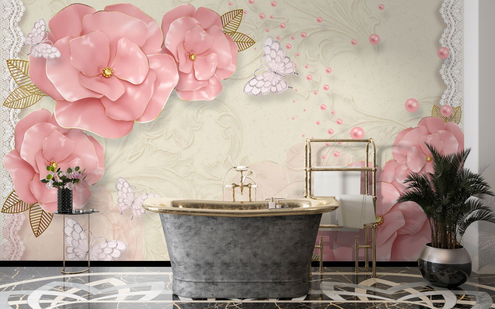 Fototapeta imponujące różowe pąki i czysto białe ćmy