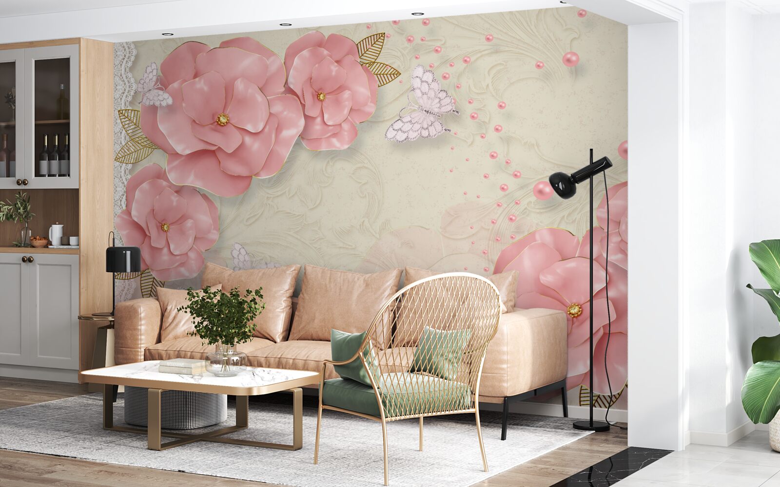 Fototapeta imponujące różowe pąki i czysto białe ćmy