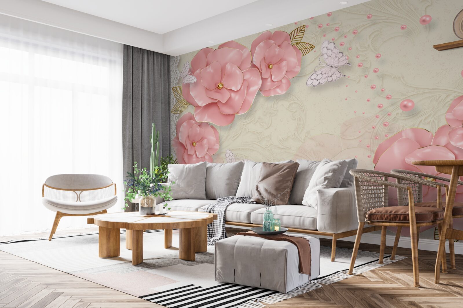 Fototapeta imponujące różowe pąki i czysto białe ćmy