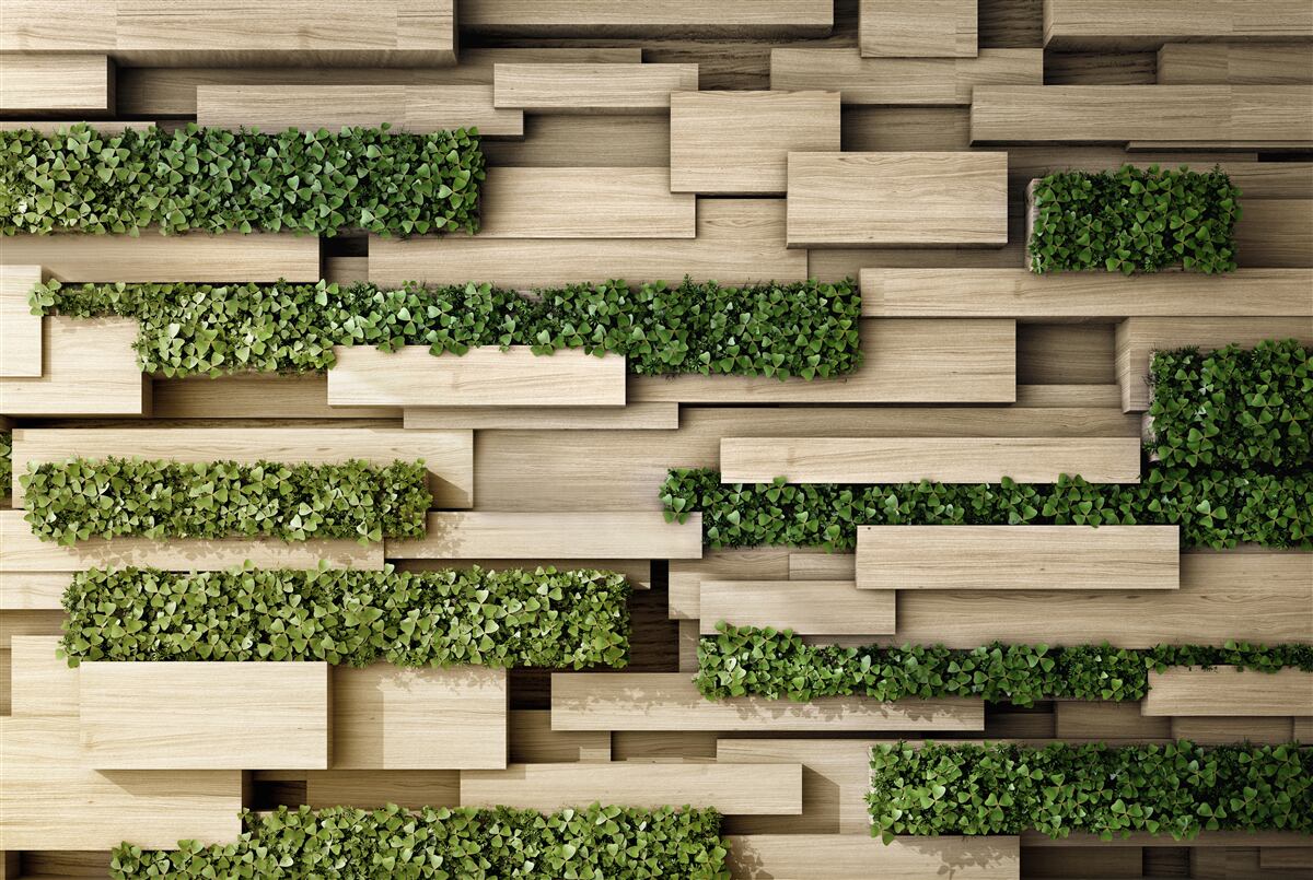 Fototapeta kamienna ściana ozdobiona zielonymi roślinami