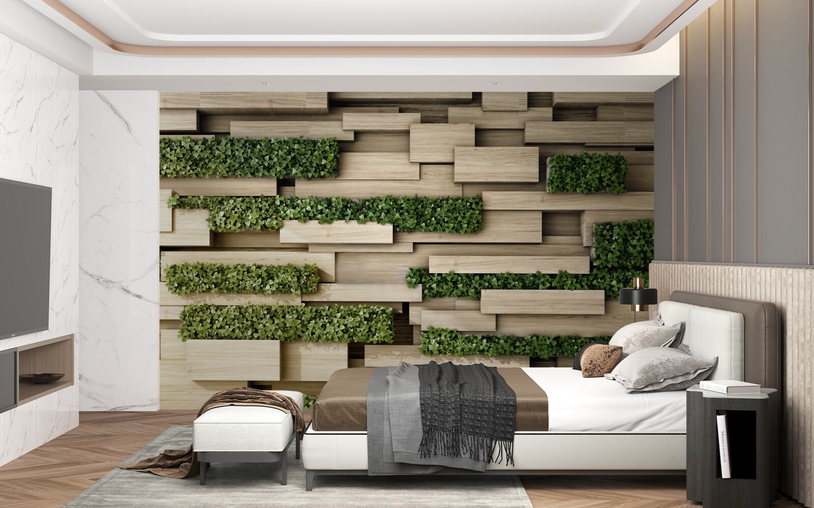 Fototapeta kamienna ściana ozdobiona zielonymi roślinami