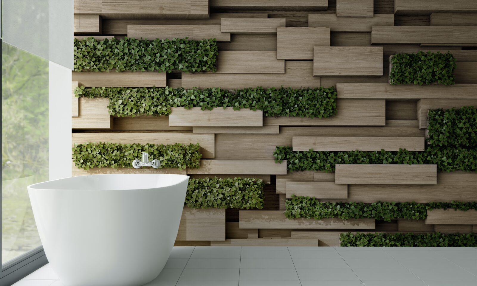 Fototapeta kamienna ściana ozdobiona zielonymi roślinami