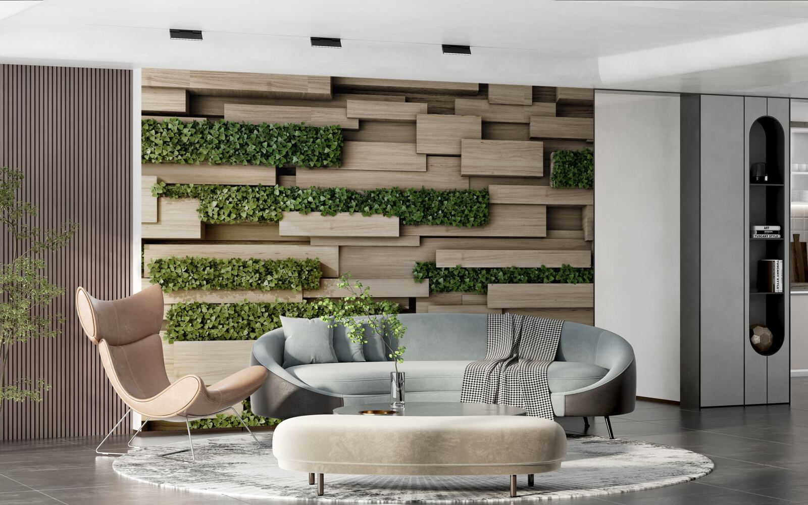 Fototapeta kamienna ściana ozdobiona zielonymi roślinami