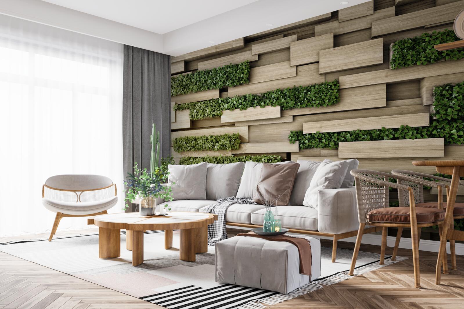 Fototapeta kamienna ściana ozdobiona zielonymi roślinami