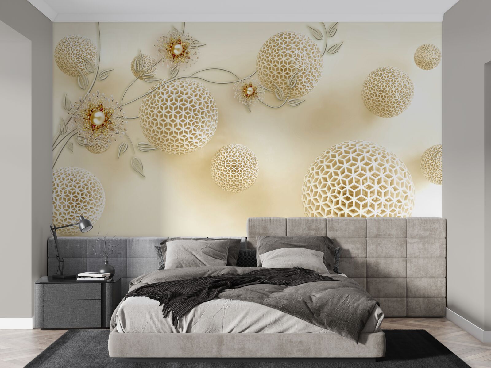 Fototapeta kulki tekstury unoszące się w powietrzu i białe kwiaty