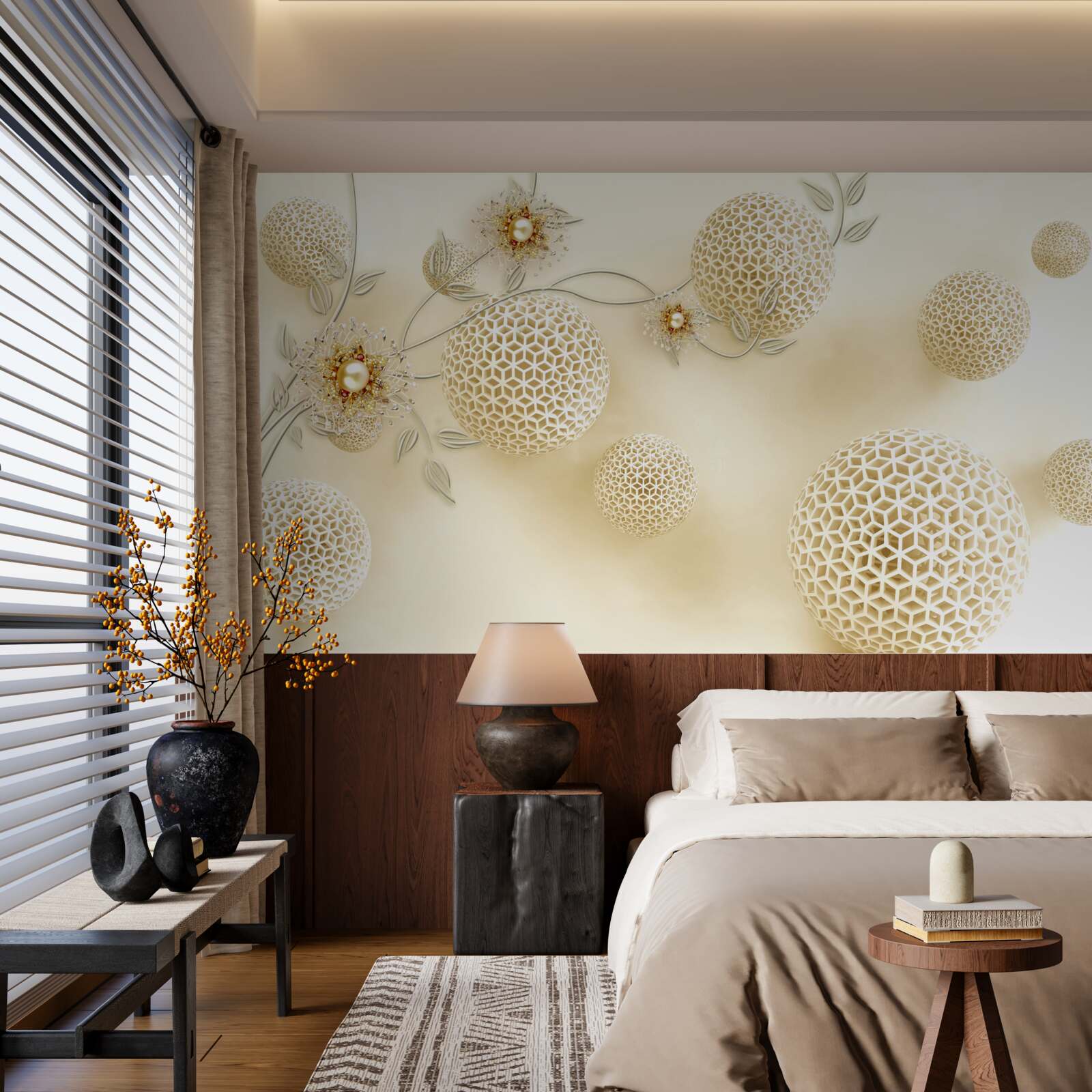 Fototapeta kulki tekstury unoszące się w powietrzu i białe kwiaty