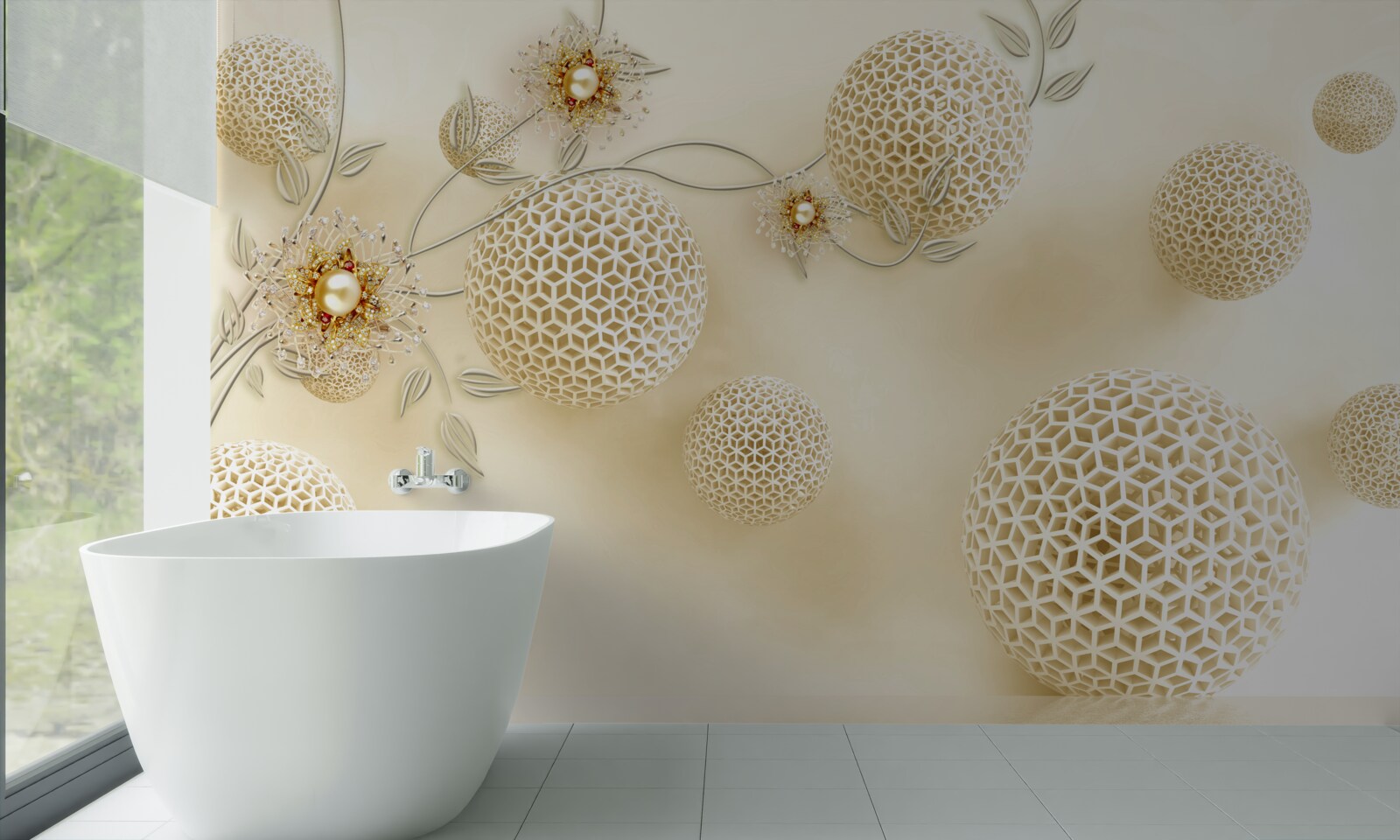 Fototapeta kulki tekstury unoszące się w powietrzu i białe kwiaty