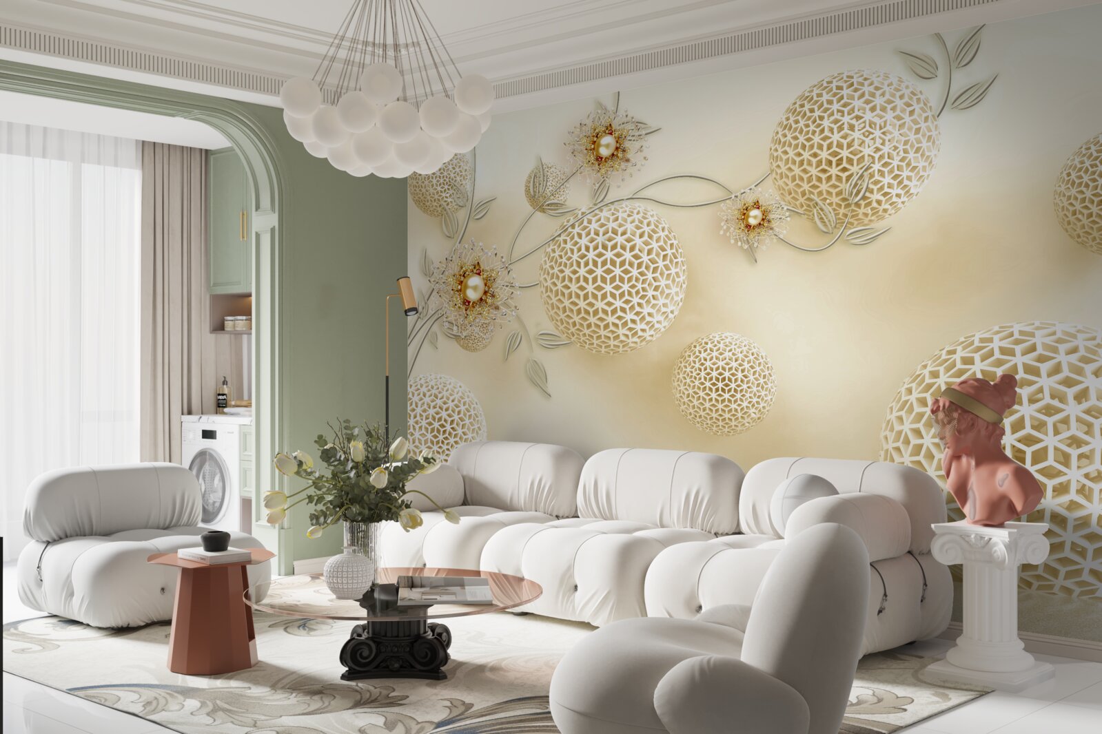 Fototapeta kulki tekstury unoszące się w powietrzu i białe kwiaty