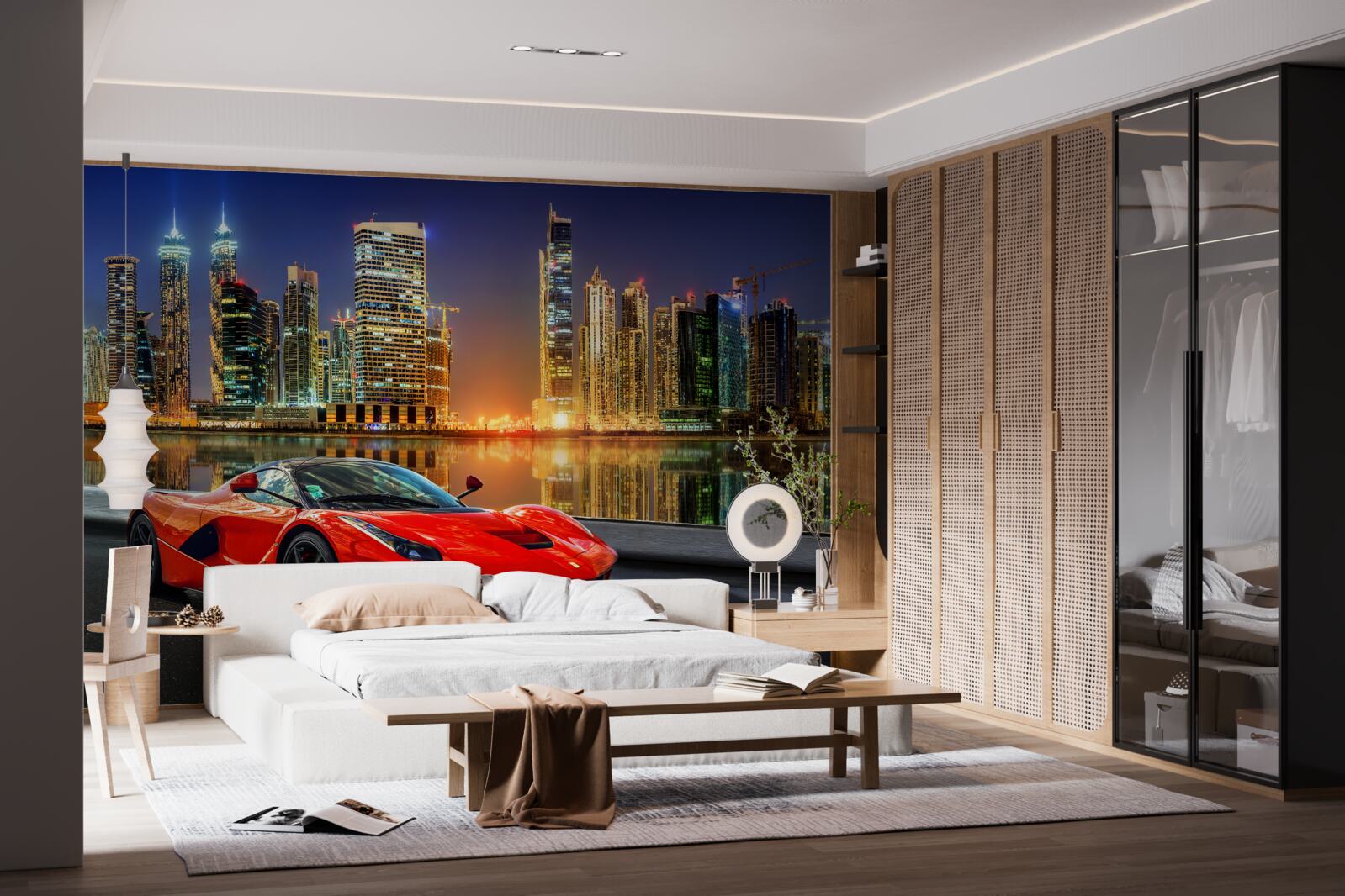 Fototapeta samochód sportowy z nocnym pejzażem miejskim w tle