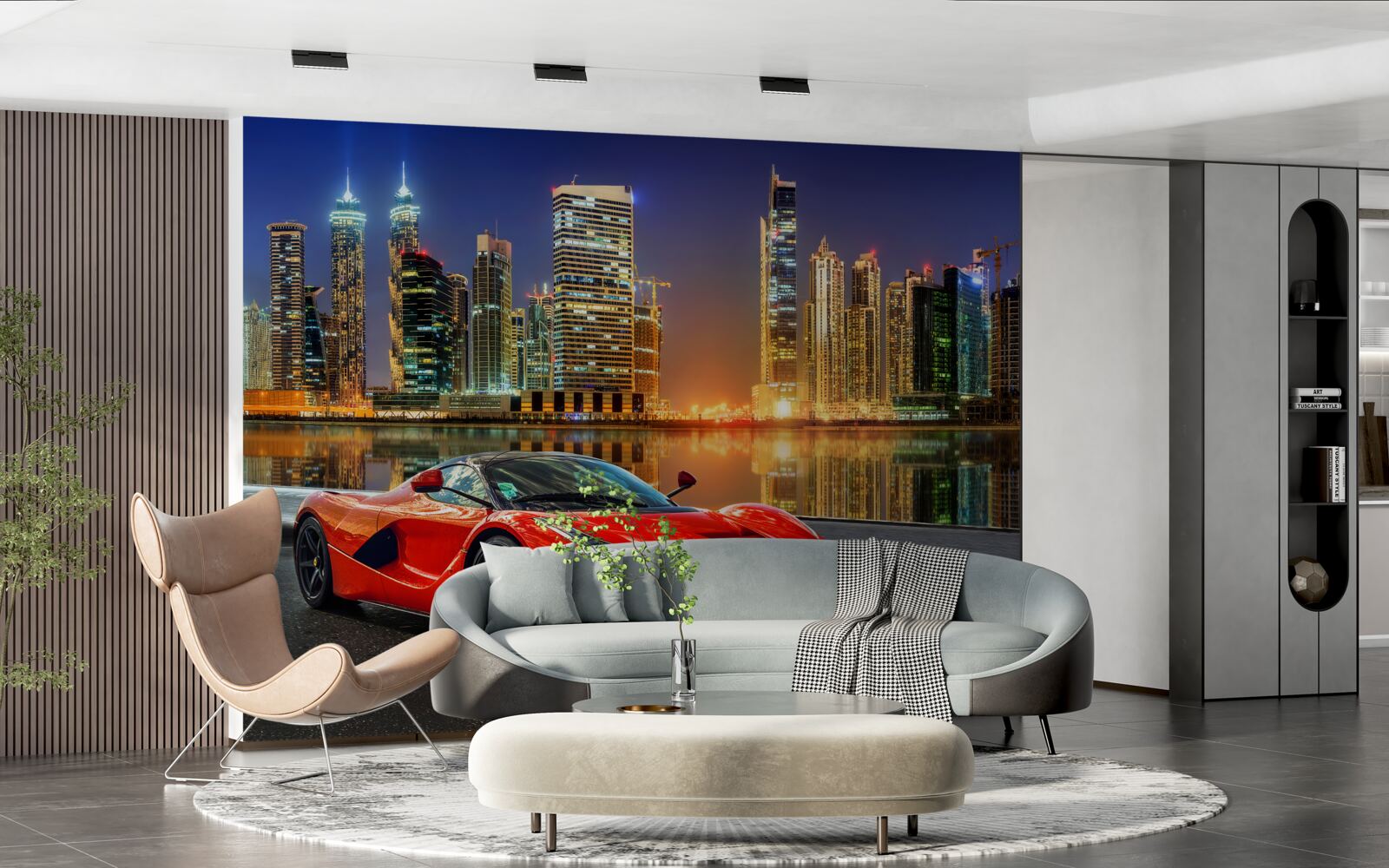 Fototapeta samochód sportowy z nocnym pejzażem miejskim w tle