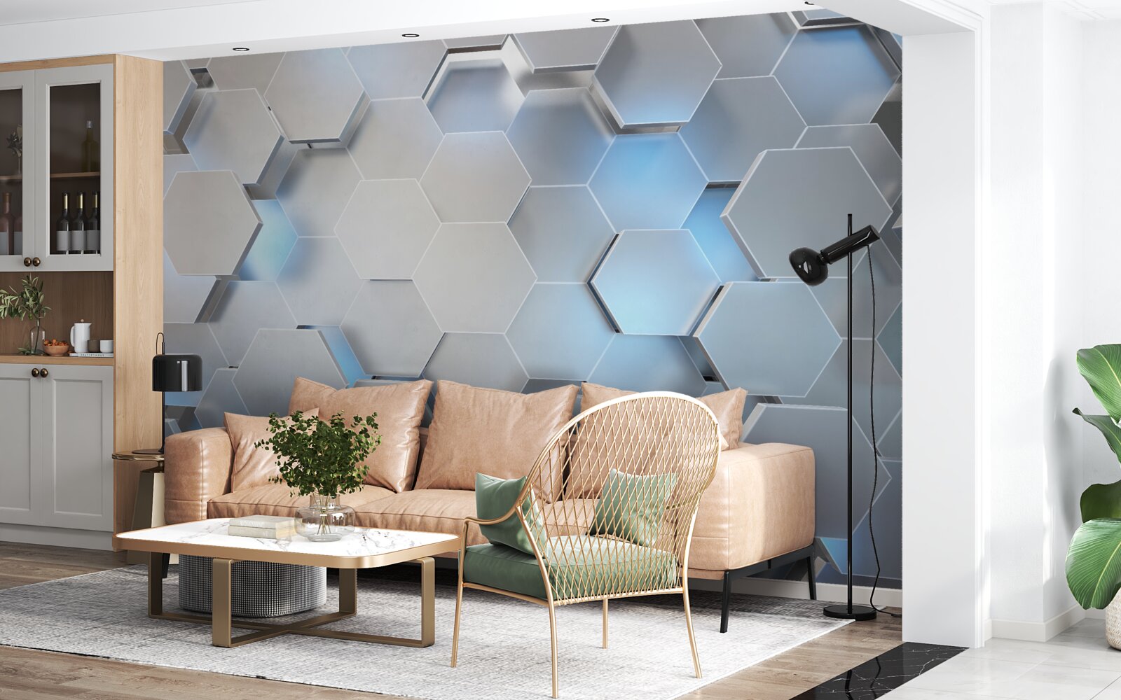 Fototapeta szare sześciokąty z niebieskim akcentem