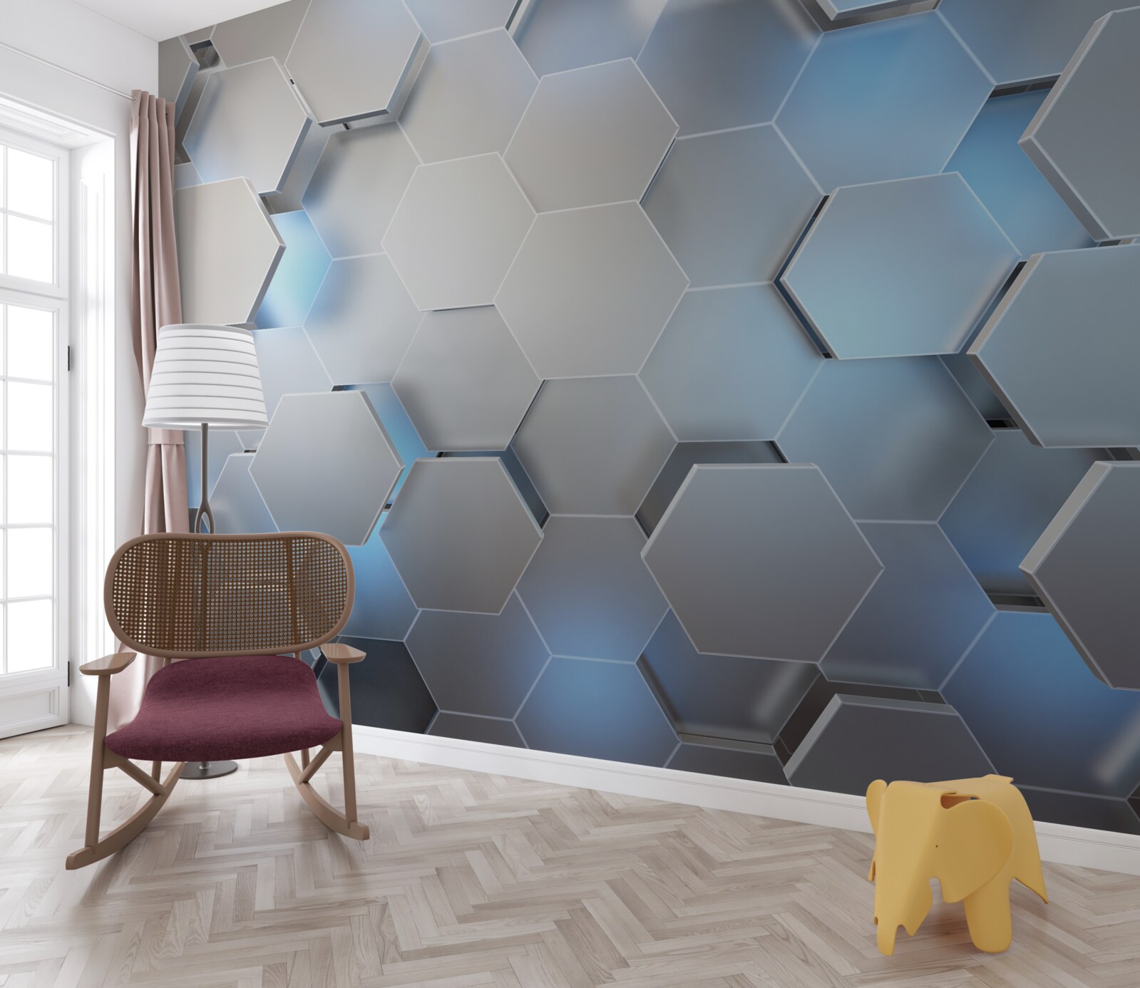 Fototapeta szare sześciokąty z niebieskim akcentem