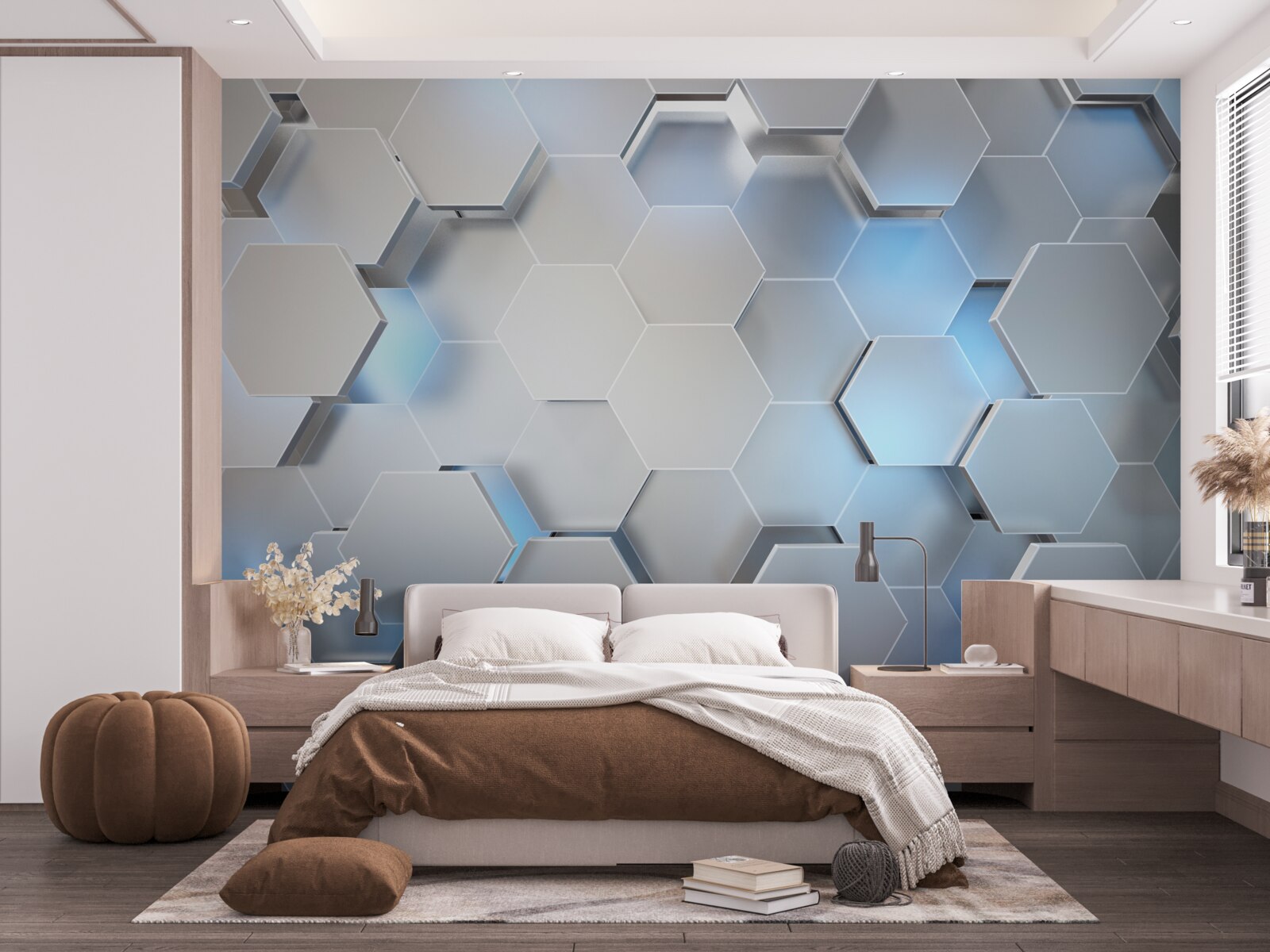Fototapeta szare sześciokąty z niebieskim akcentem