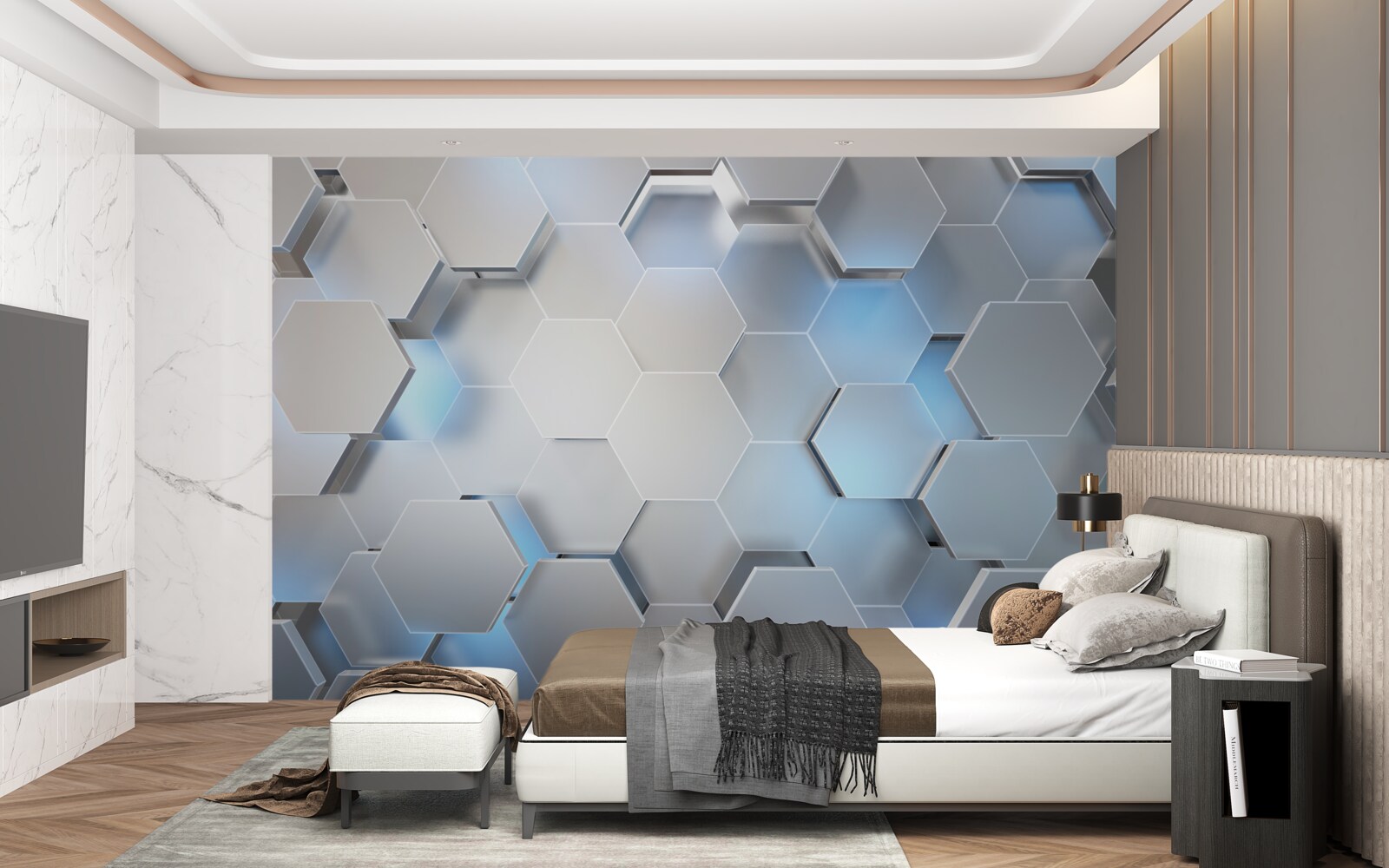 Fototapeta szare sześciokąty z niebieskim akcentem