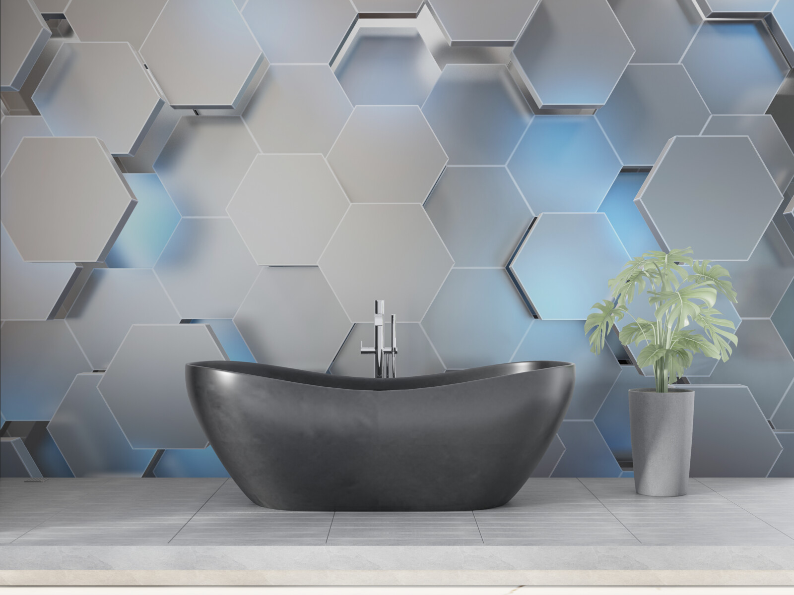 Fototapeta szare sześciokąty z niebieskim akcentem