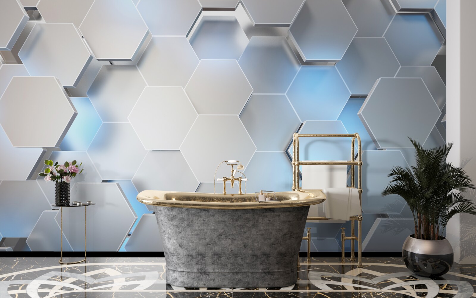 Fototapeta szare sześciokąty z niebieskim akcentem