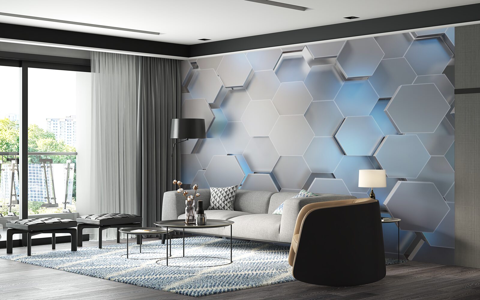 Fototapeta szare sześciokąty z niebieskim akcentem