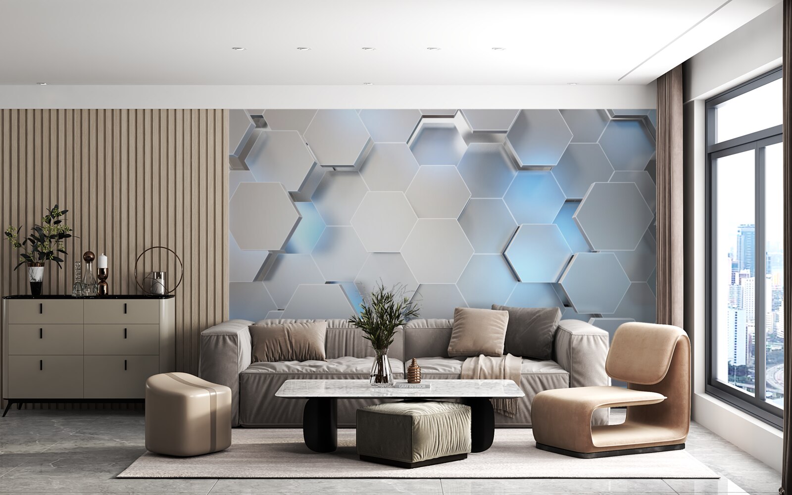 Fototapeta szare sześciokąty z niebieskim akcentem