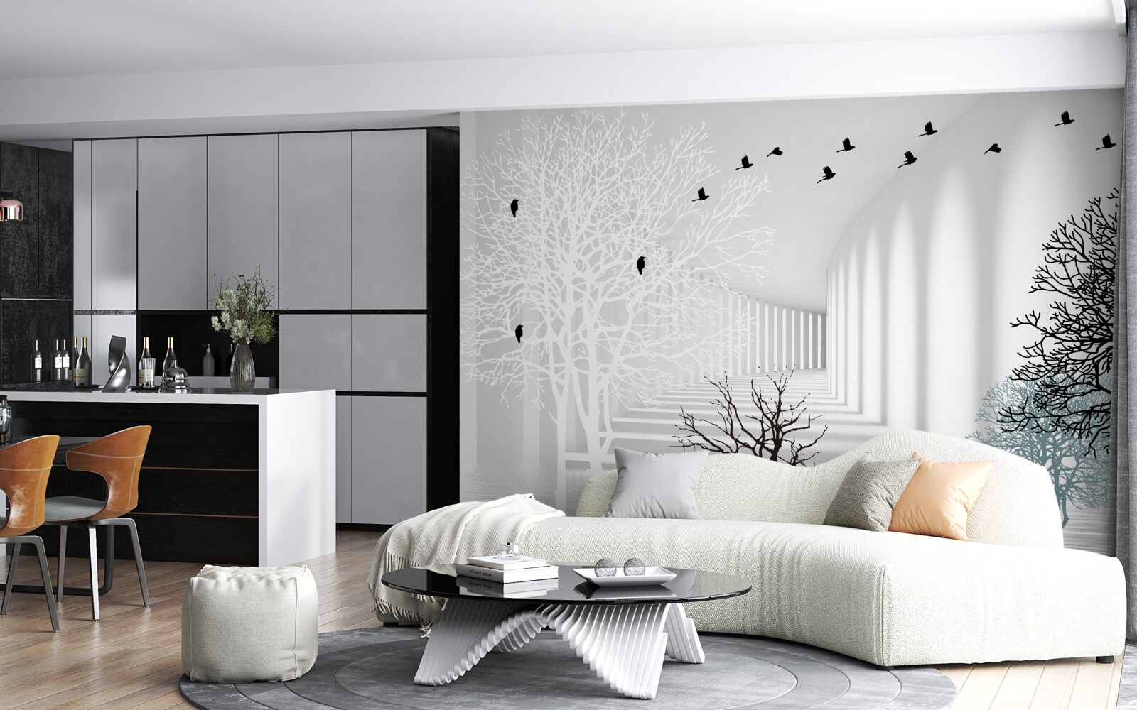 Fototapeta drzewa, które zrzuciły liście i ptaki odlatujące wraz z nadejściem jesieni