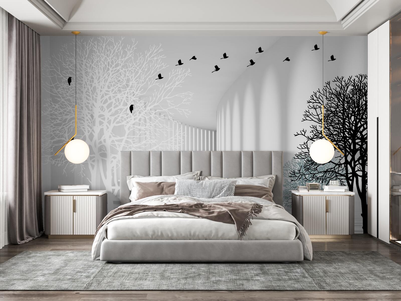 Fototapeta drzewa, które zrzuciły liście i ptaki odlatujące wraz z nadejściem jesieni