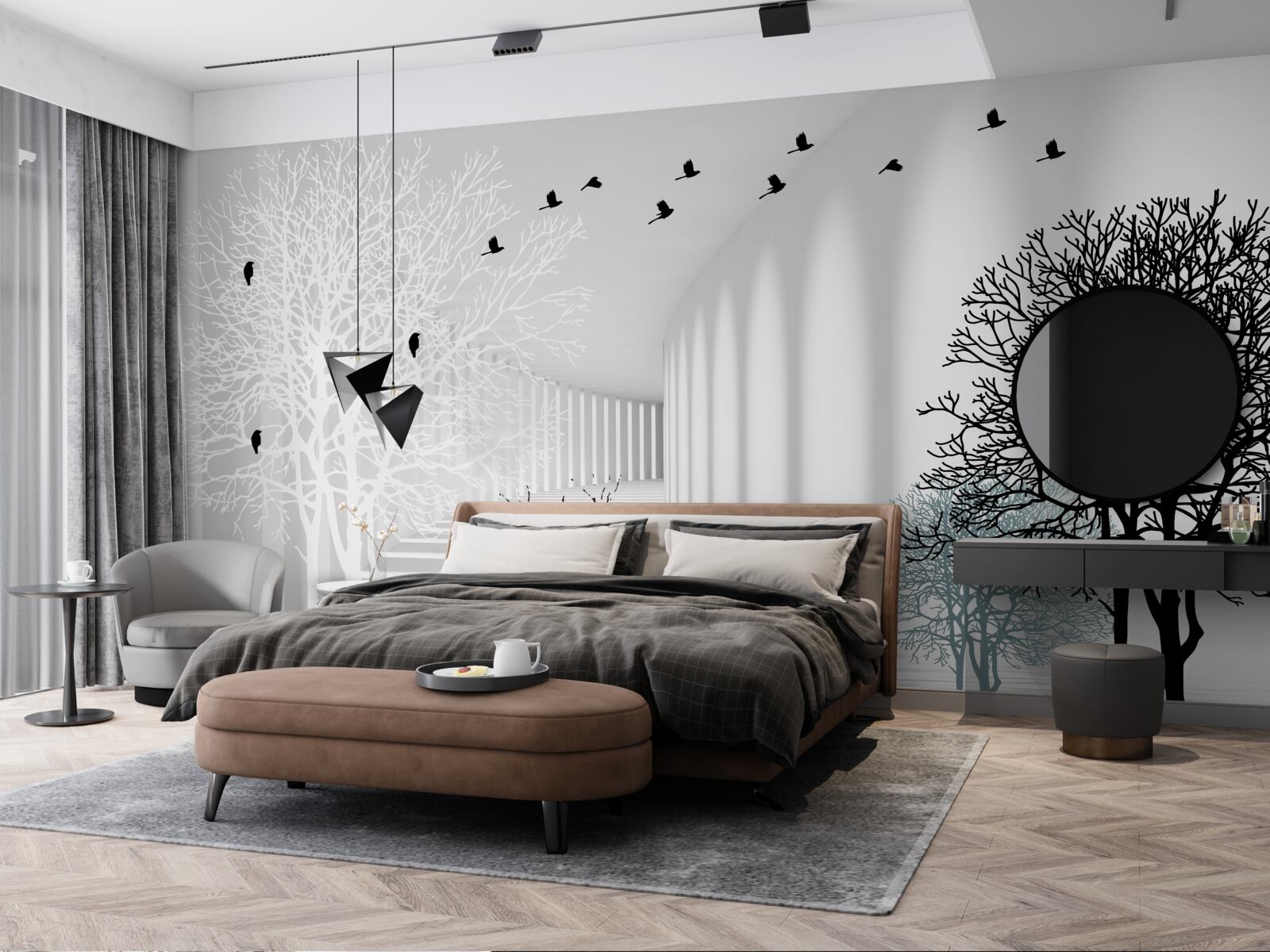 Fototapeta drzewa, które zrzuciły liście i ptaki odlatujące wraz z nadejściem jesieni