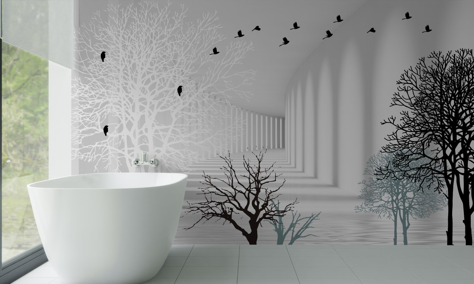 Fototapeta drzewa, które zrzuciły liście i ptaki odlatujące wraz z nadejściem jesieni