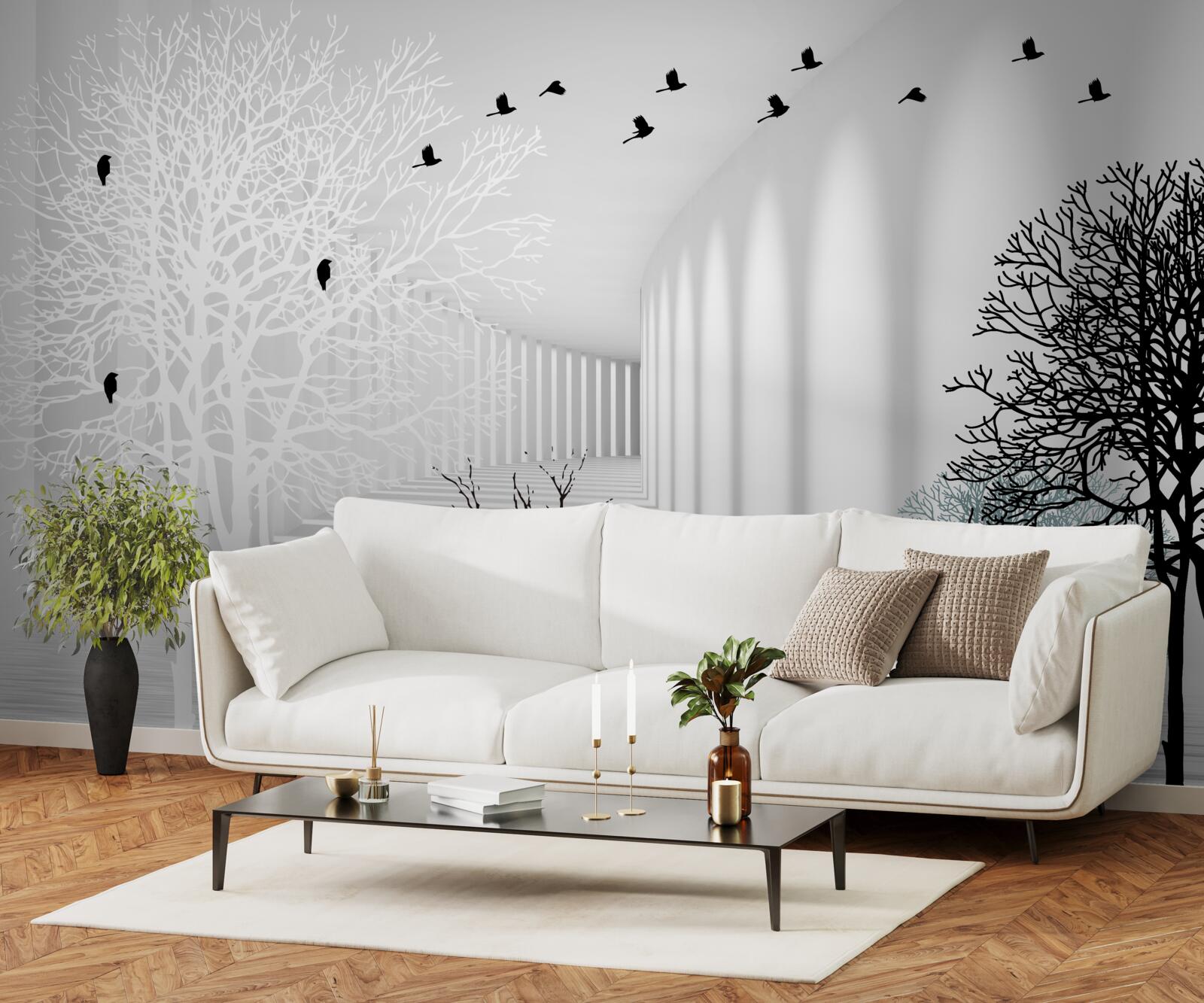 Fototapeta drzewa, które zrzuciły liście i ptaki odlatujące wraz z nadejściem jesieni