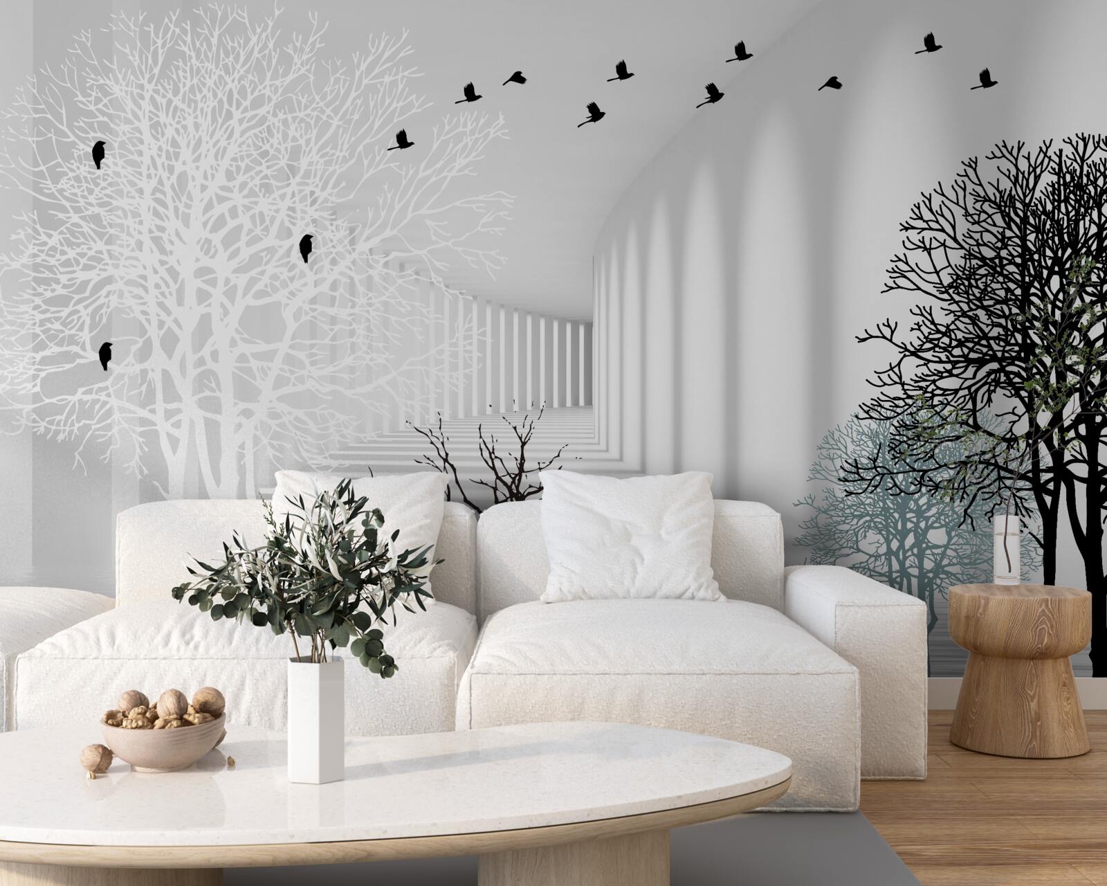 Fototapeta drzewa, które zrzuciły liście i ptaki odlatujące wraz z nadejściem jesieni