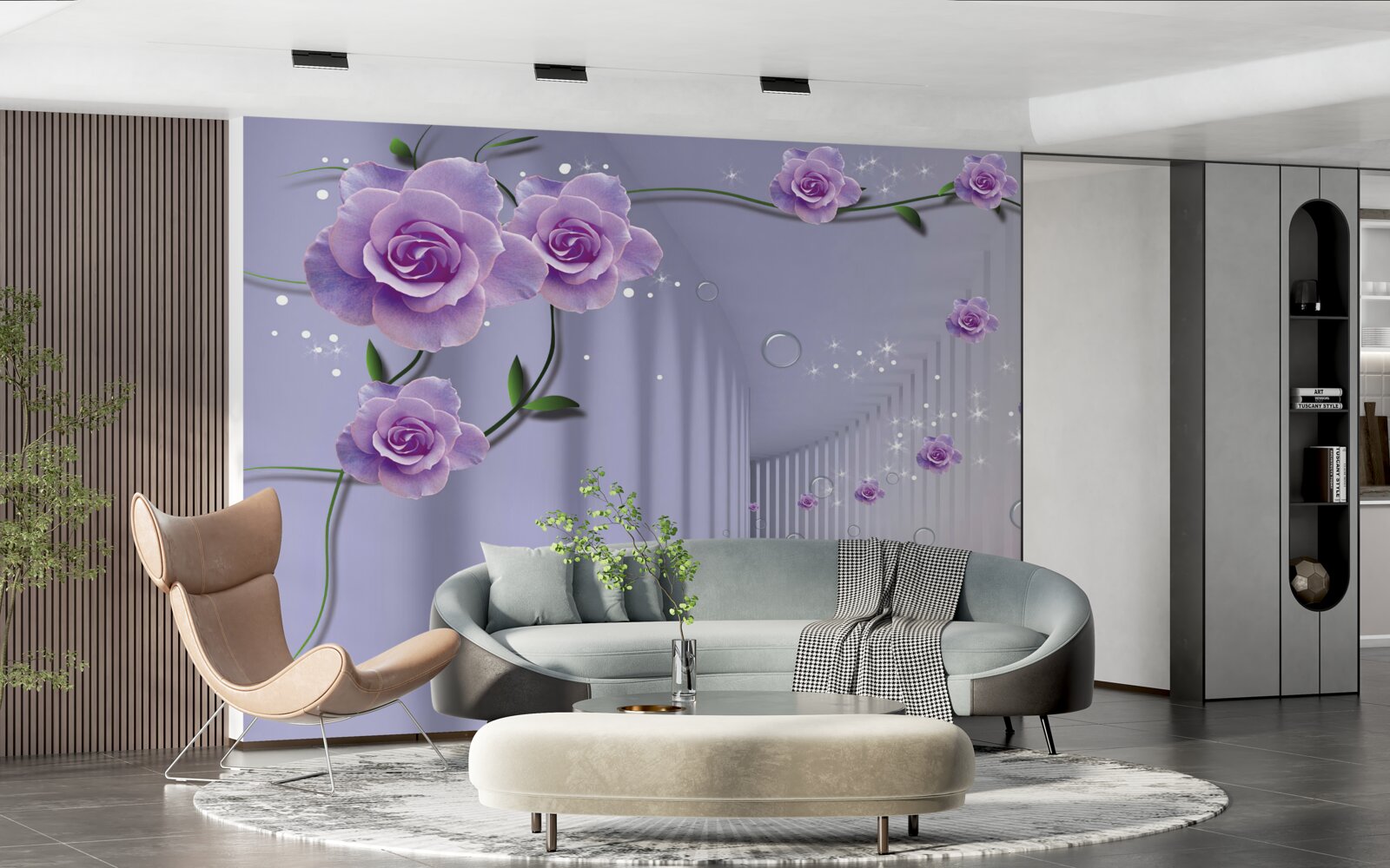 Fototapeta przedpokój ozdobiony liliowymi odcieniami