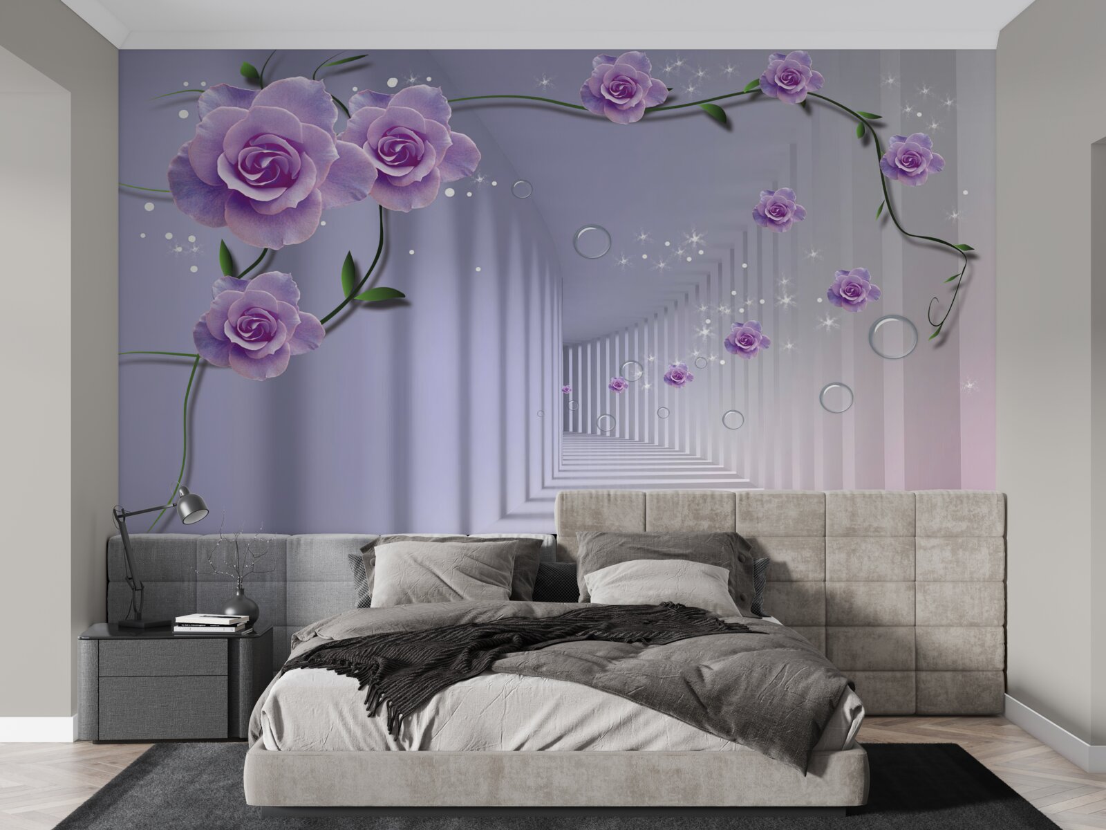 Fototapeta przedpokój ozdobiony liliowymi odcieniami