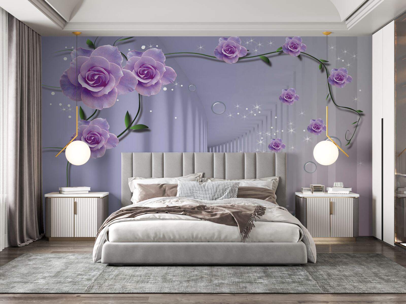 Fototapeta przedpokój ozdobiony liliowymi odcieniami