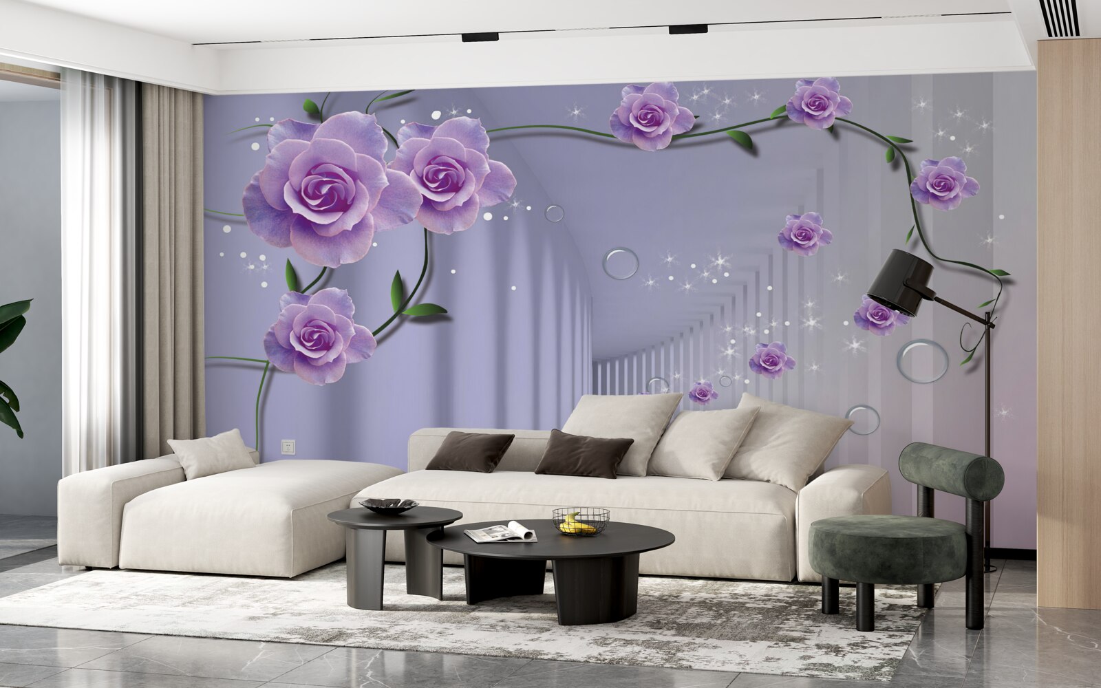 Fototapeta przedpokój ozdobiony liliowymi odcieniami