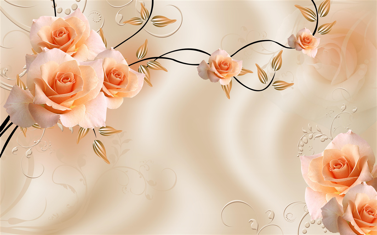 Fototapeta jedwab w kolorze brzoskwiniowym z różowymi kwiatami