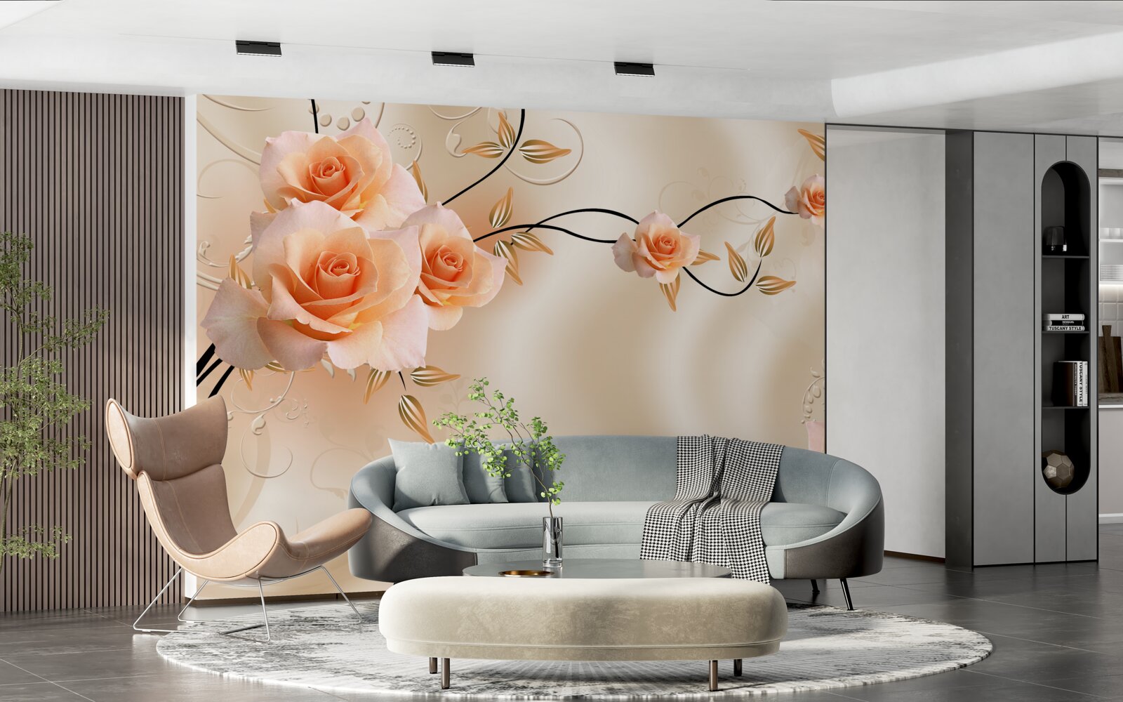 Fototapeta jedwab w kolorze brzoskwiniowym z różowymi kwiatami