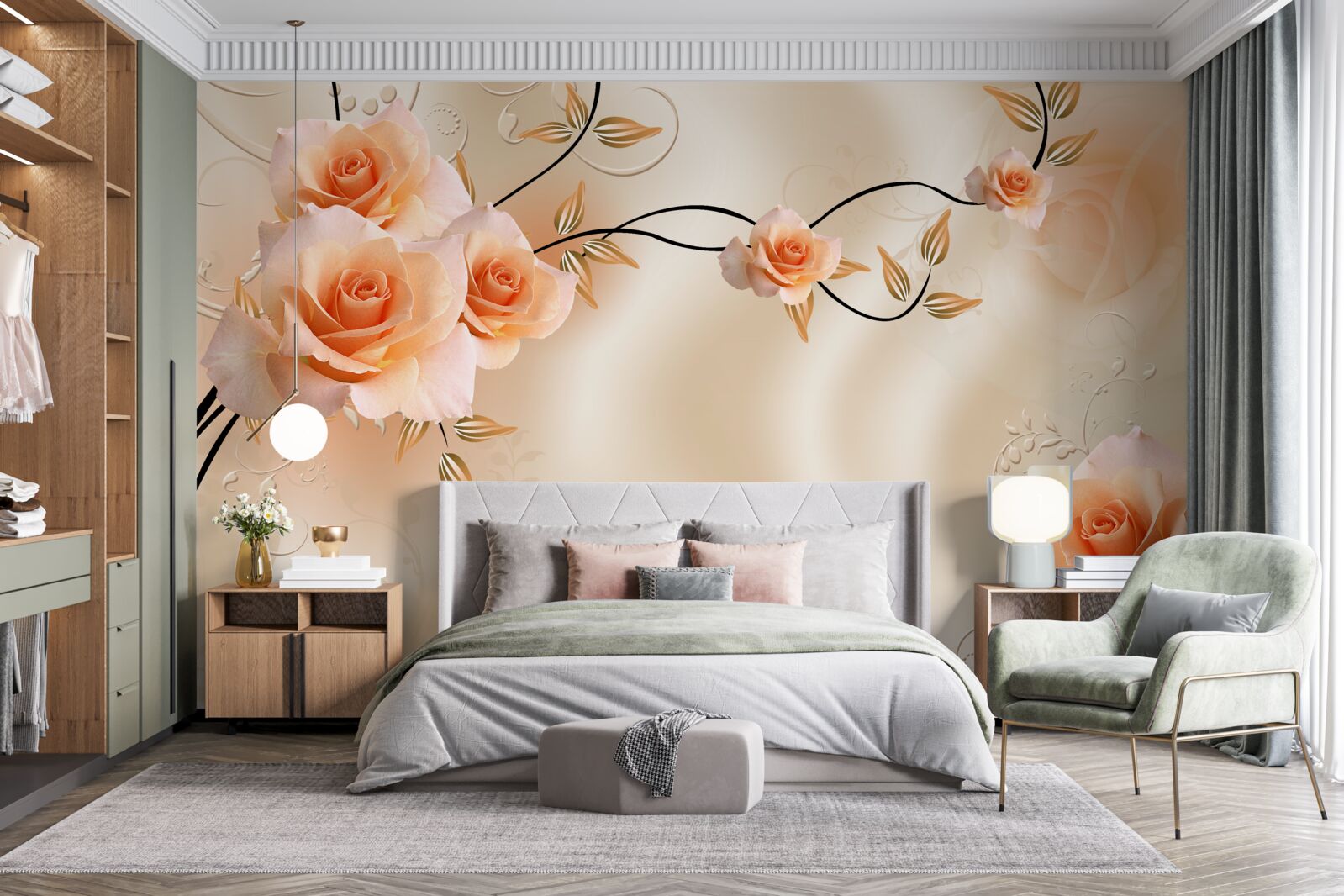 Fototapeta jedwab w kolorze brzoskwiniowym z różowymi kwiatami