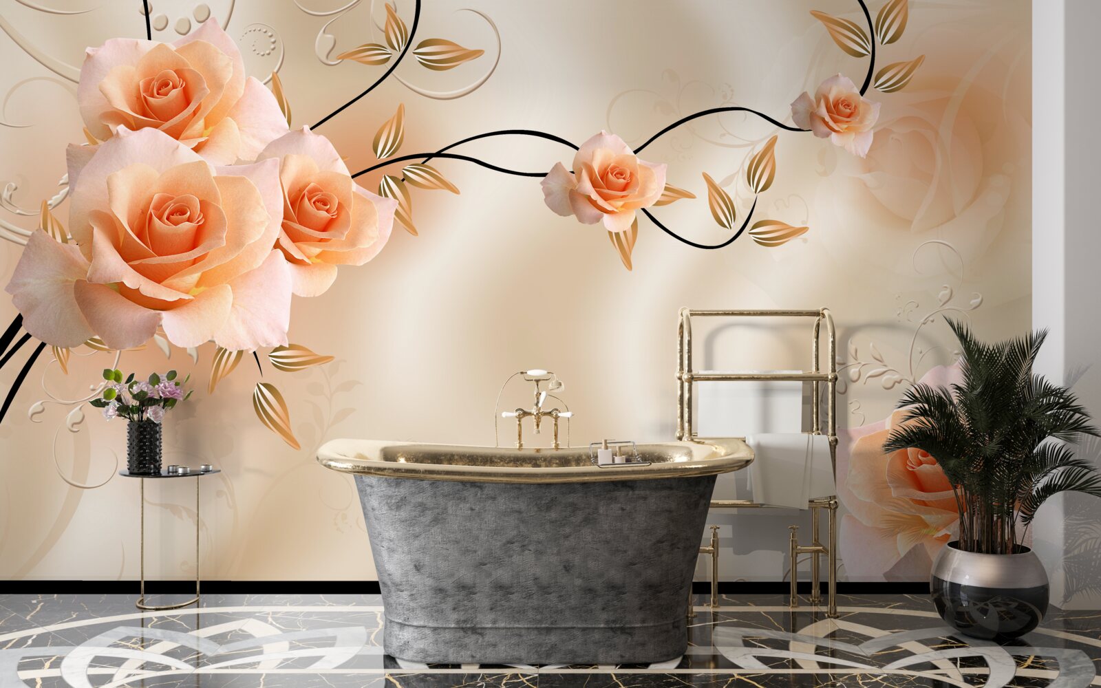 Fototapeta jedwab w kolorze brzoskwiniowym z różowymi kwiatami