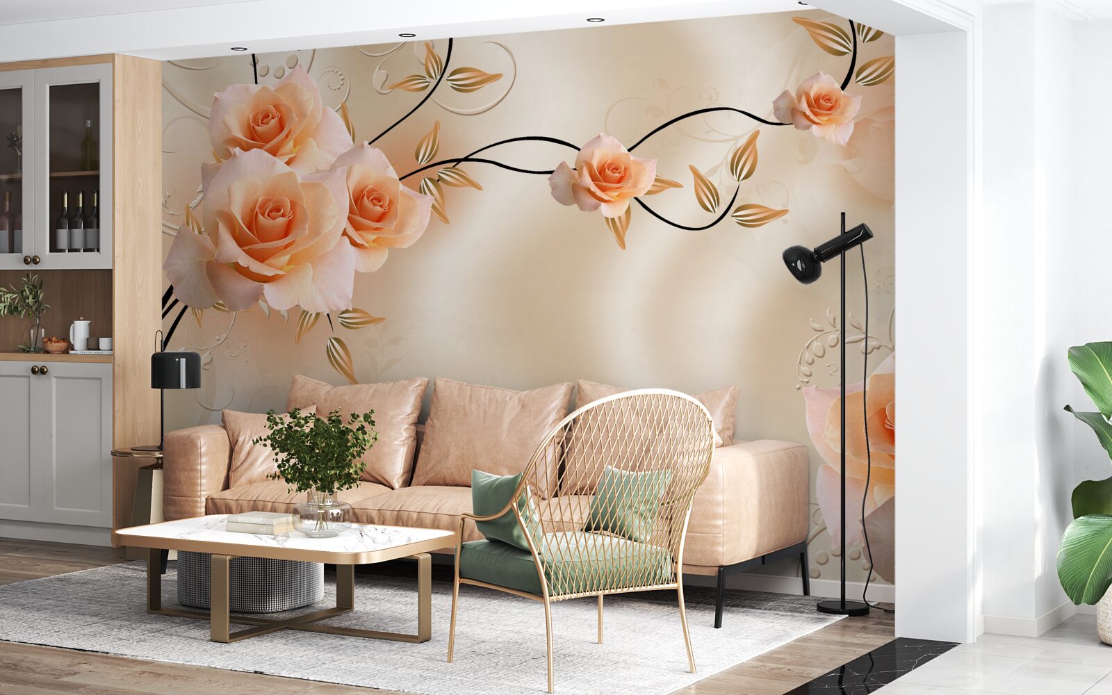 Fototapeta jedwab w kolorze brzoskwiniowym z różowymi kwiatami