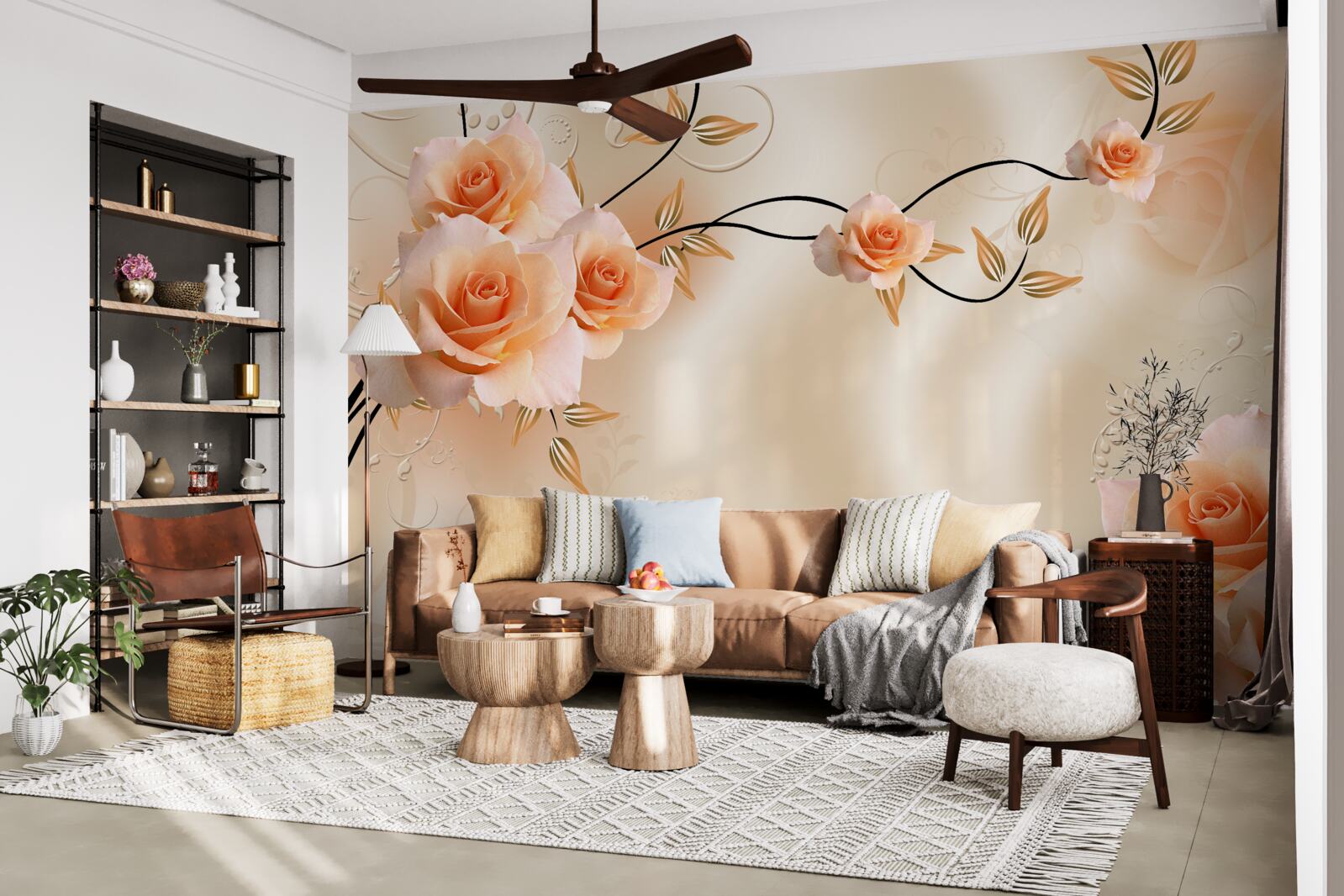 Fototapeta jedwab w kolorze brzoskwiniowym z różowymi kwiatami