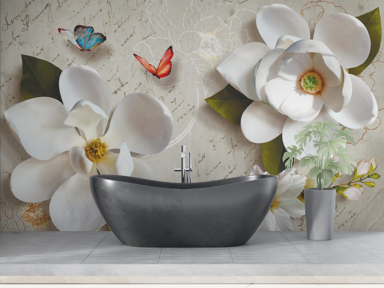 Fototapeta białe lotosy z motylami, których czułość porusza duszę