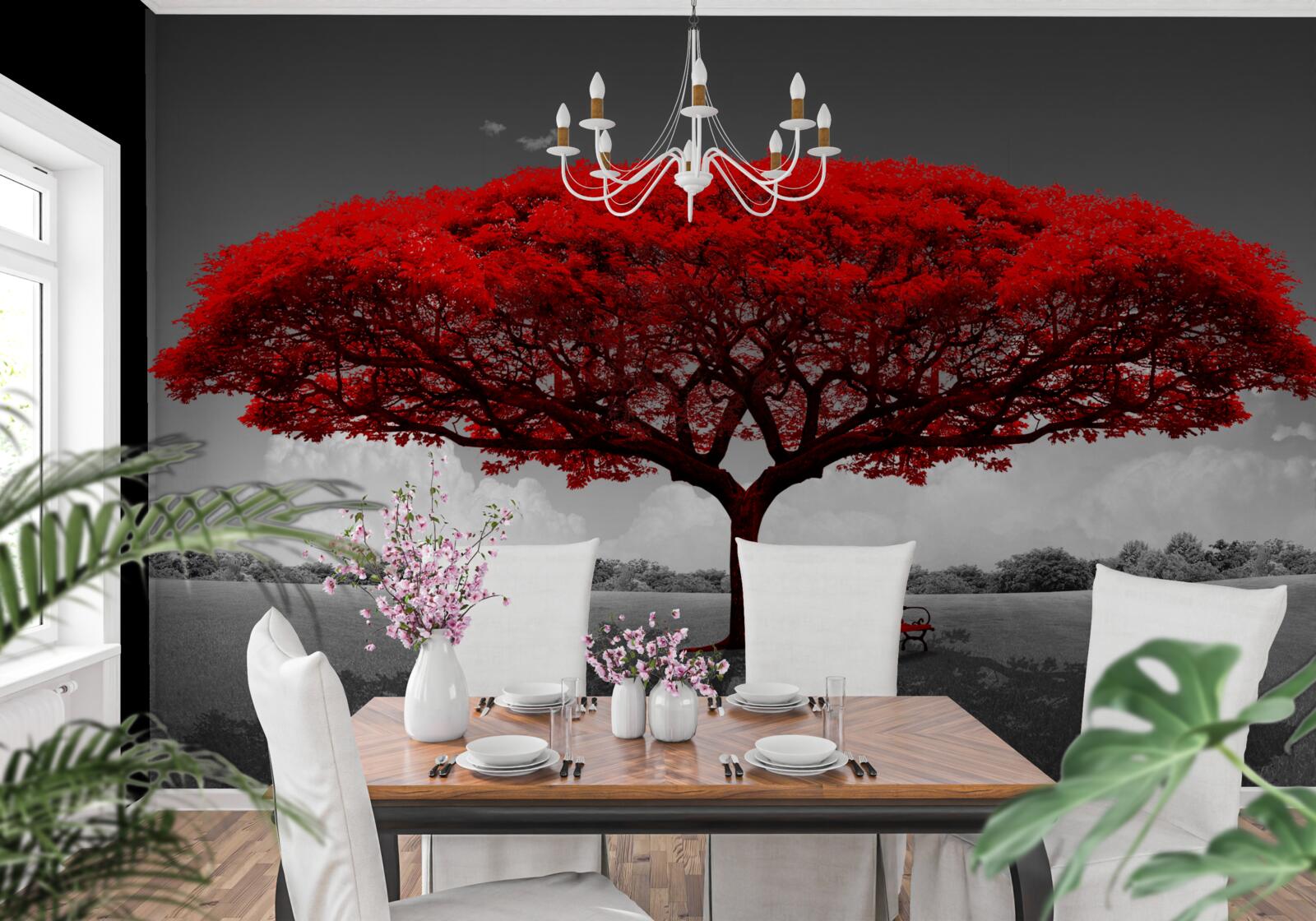 Fototapeta Życie to czerwone drzewo w szarej przestrzeni polany