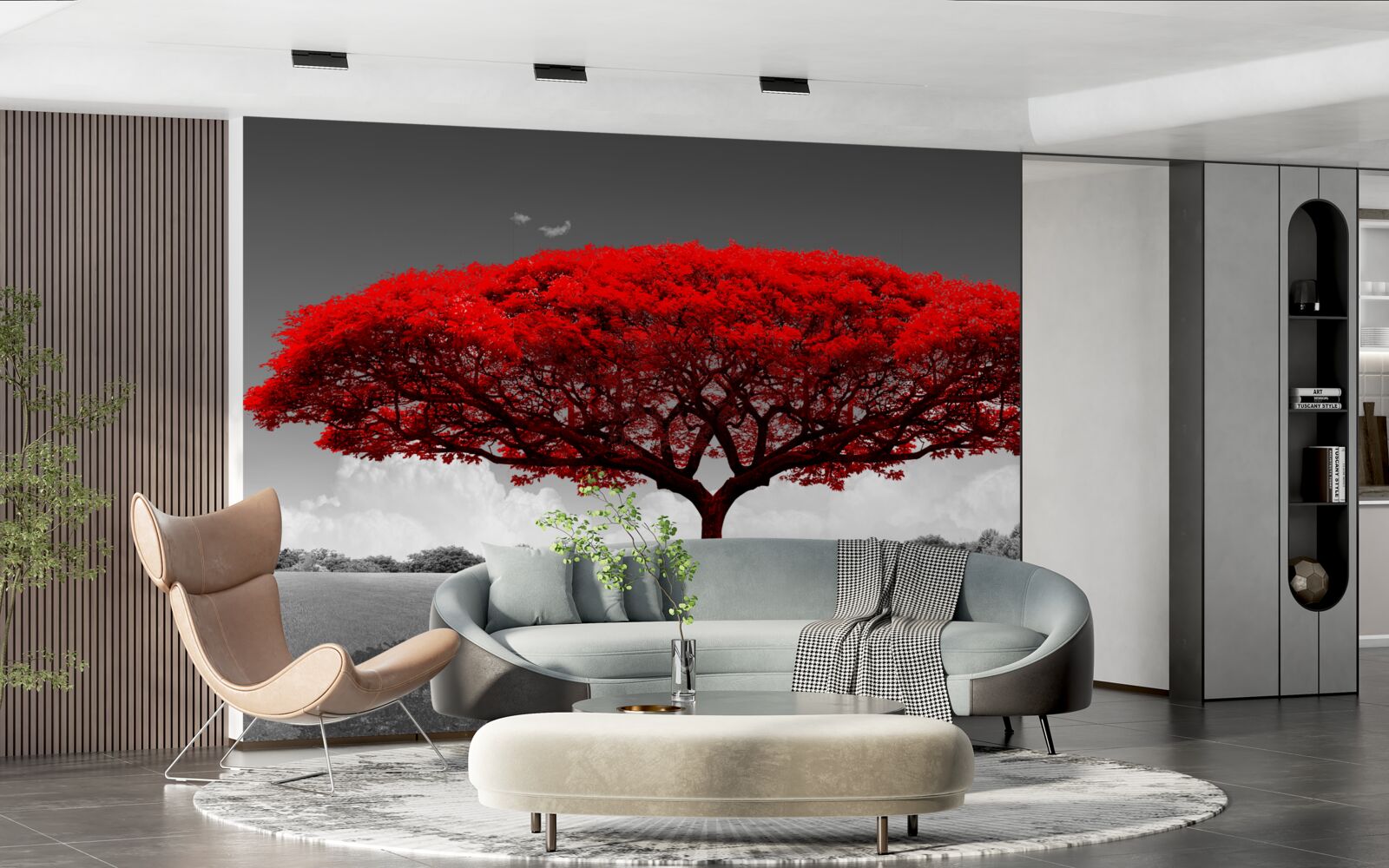 Fototapeta Życie to czerwone drzewo w szarej przestrzeni polany