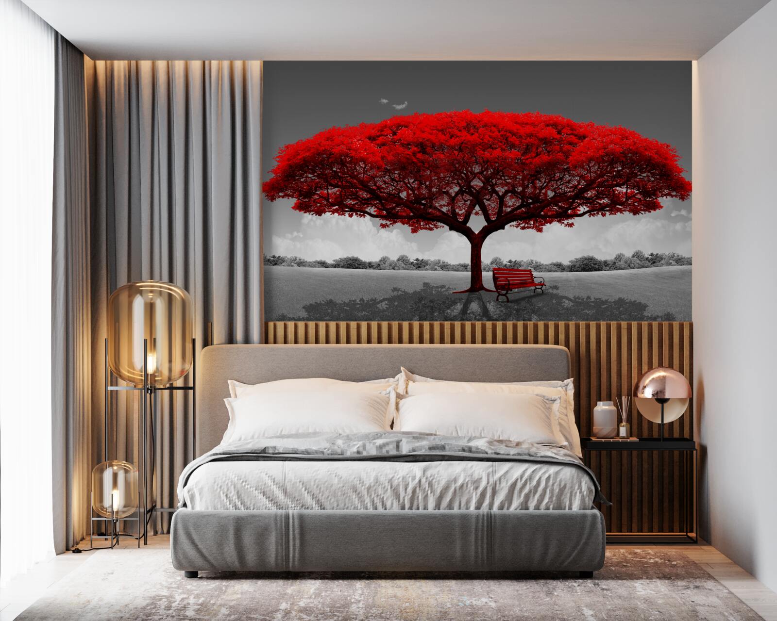 Fototapeta Życie to czerwone drzewo w szarej przestrzeni polany