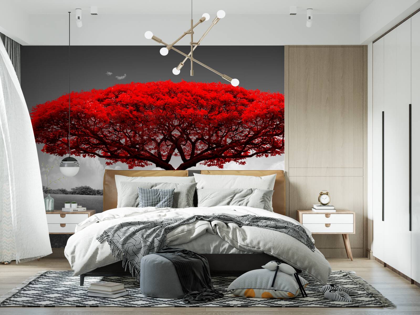 Fototapeta Życie to czerwone drzewo w szarej przestrzeni polany
