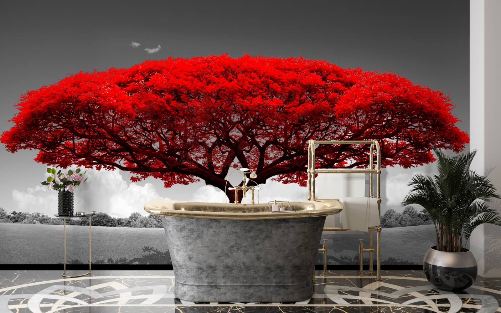 Fototapeta Życie to czerwone drzewo w szarej przestrzeni polany