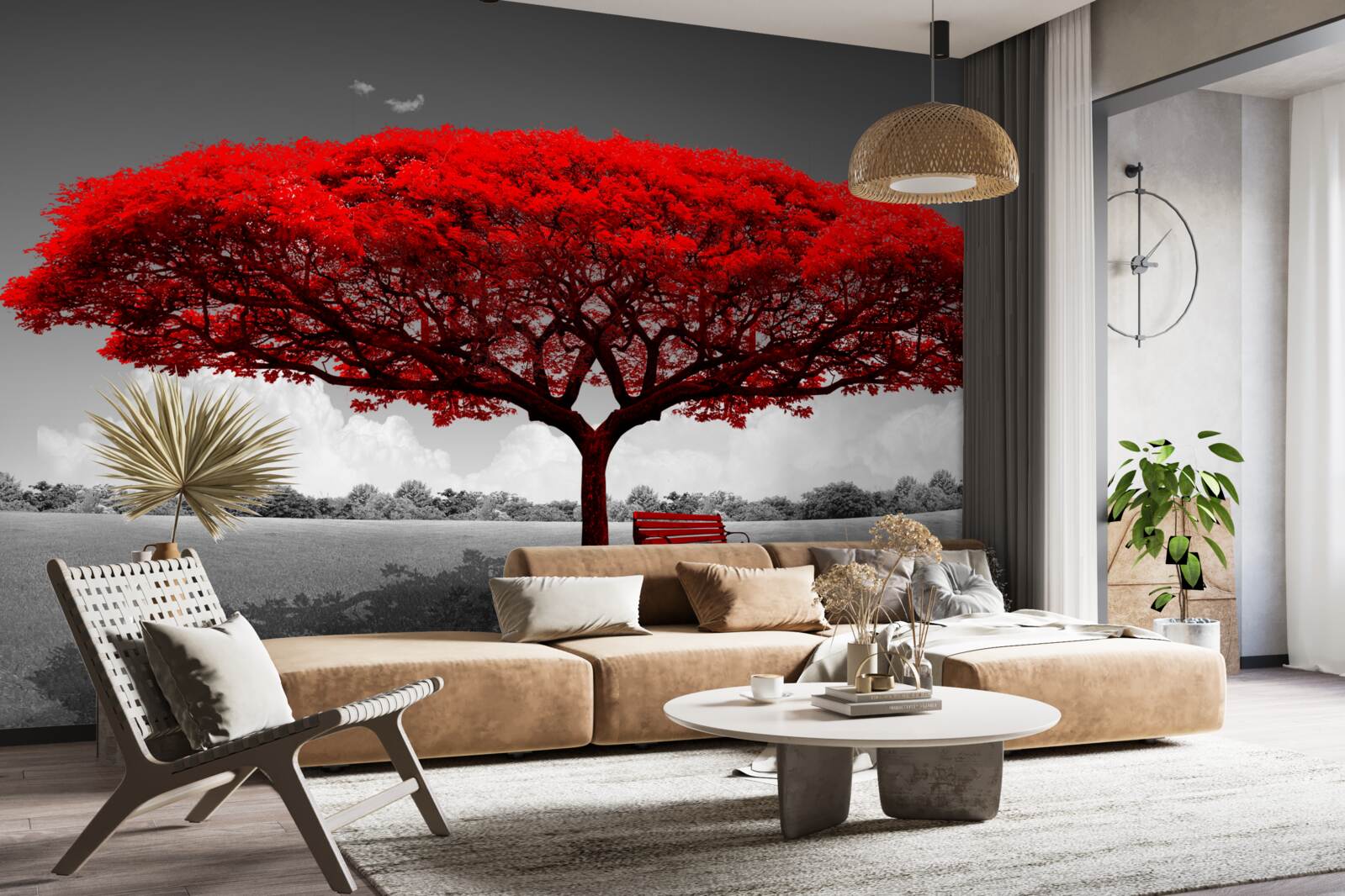 Fototapeta Życie to czerwone drzewo w szarej przestrzeni polany