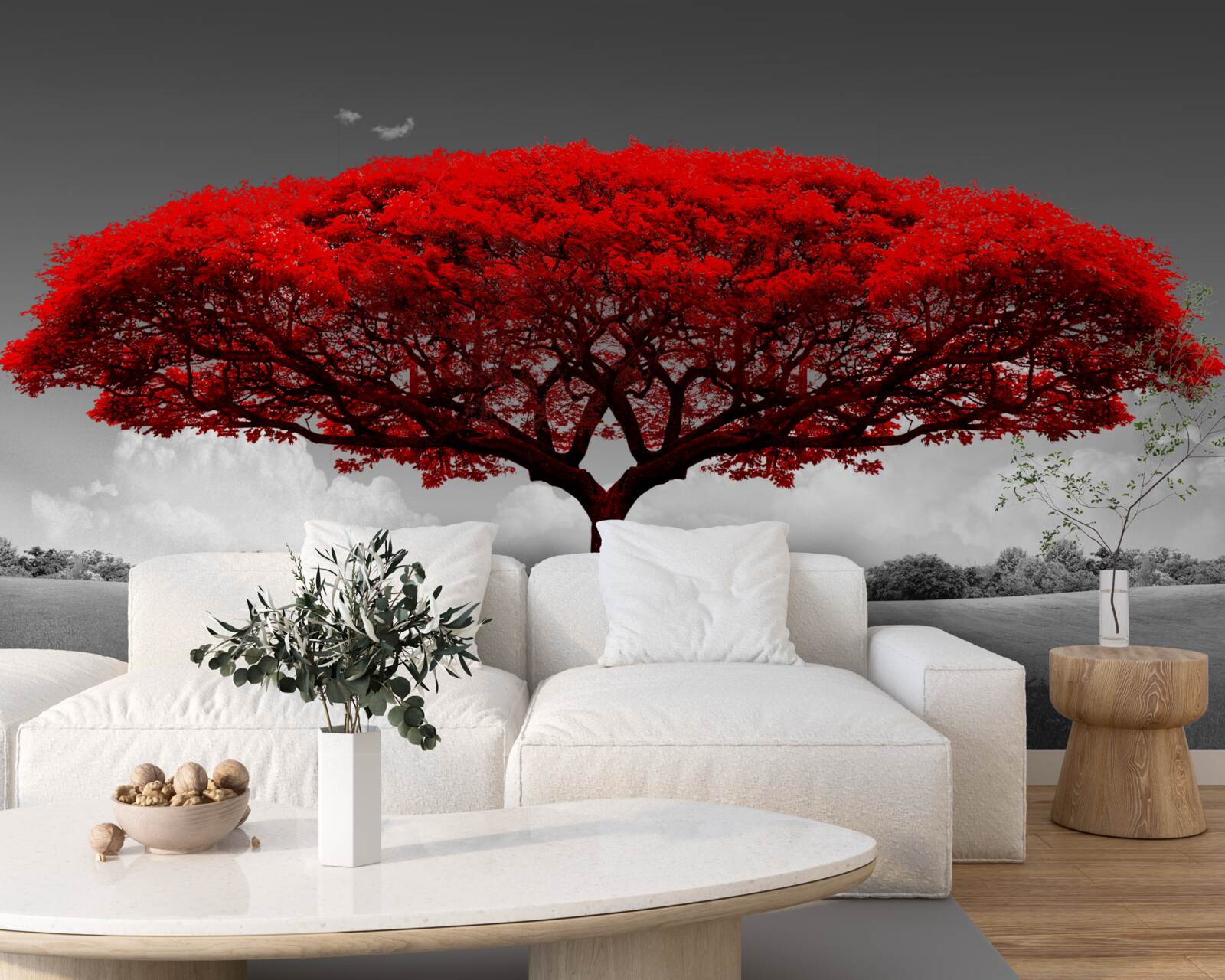 Fototapeta Życie to czerwone drzewo w szarej przestrzeni polany