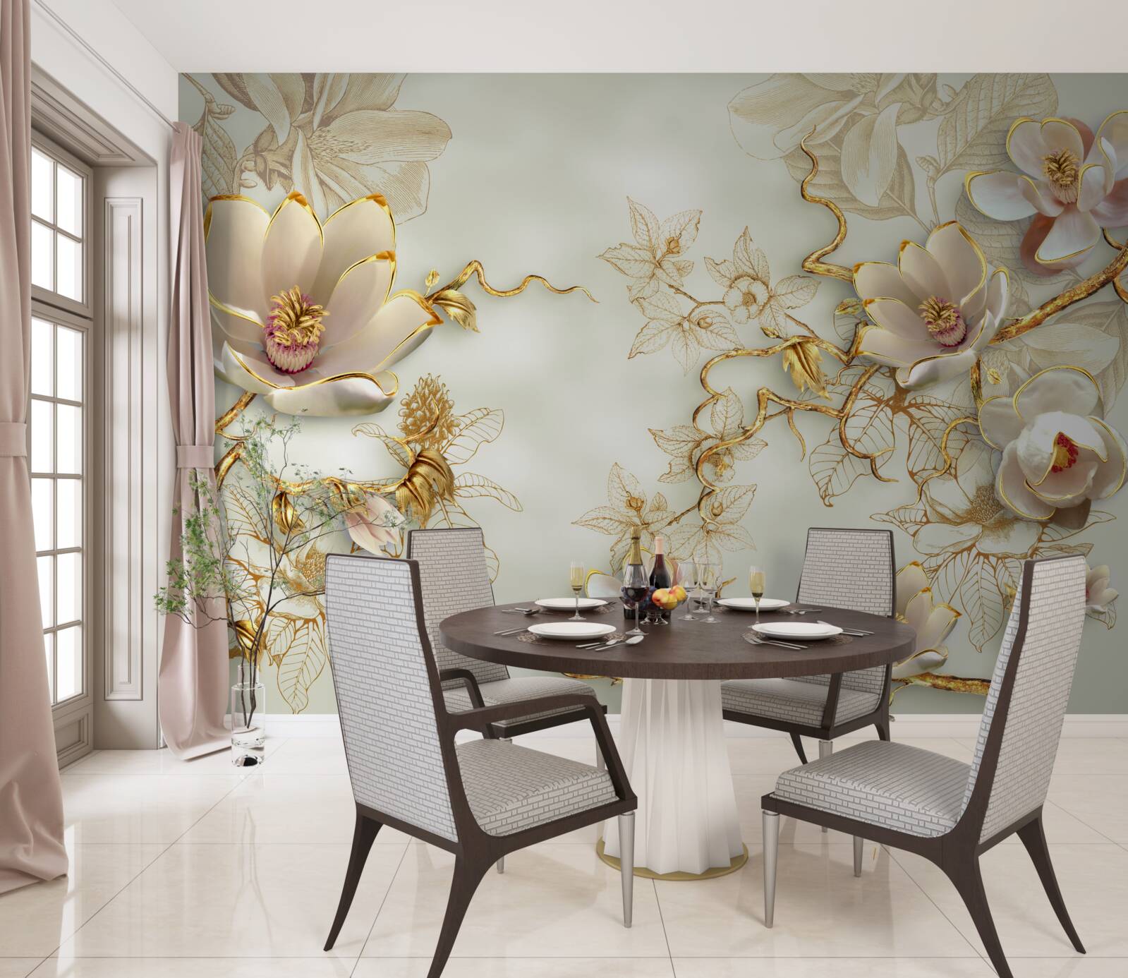 Fototapeta gałęzie usiane złotymi i śnieżnobiałymi kwiatami