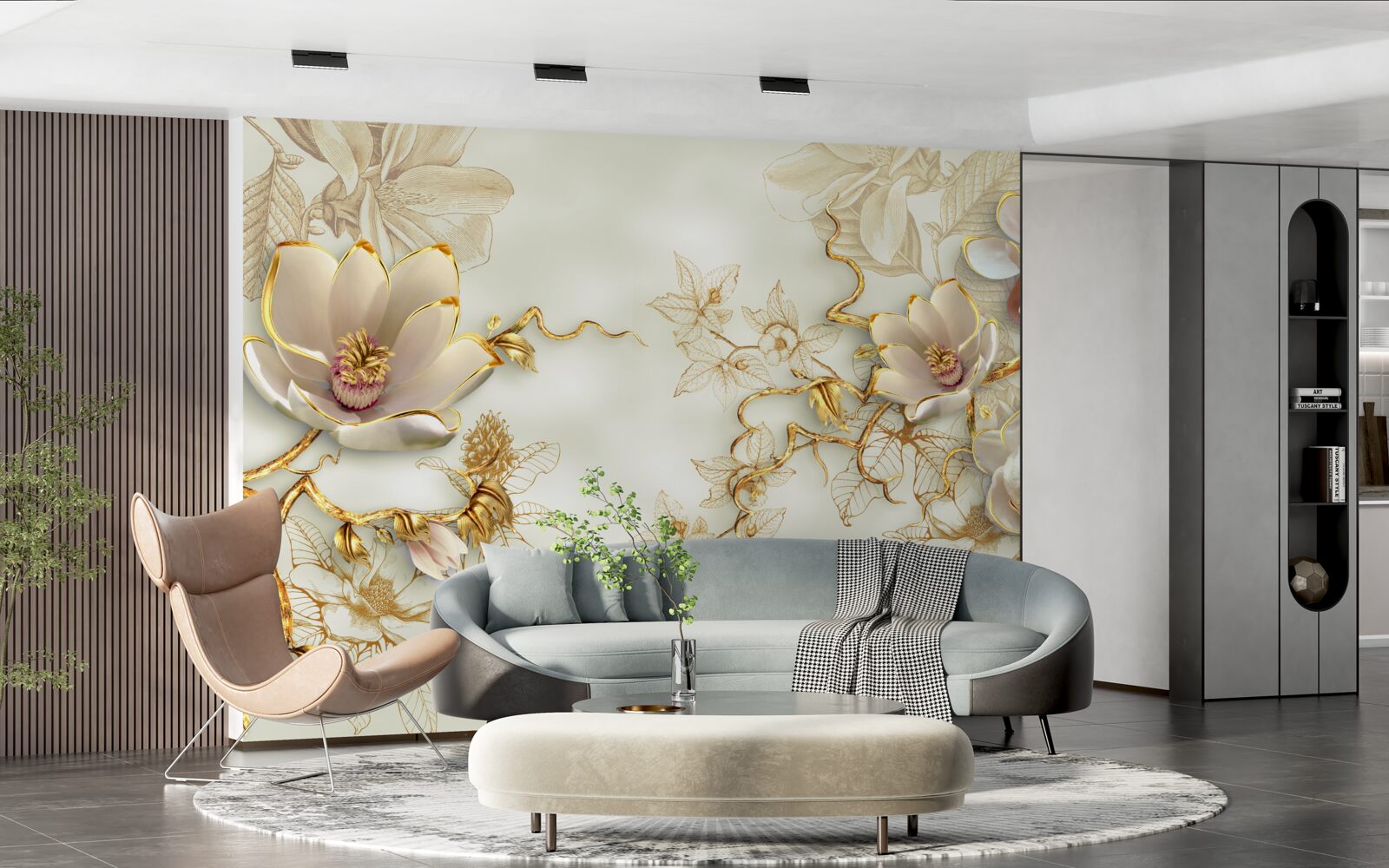 Fototapeta gałęzie usiane złotymi i śnieżnobiałymi kwiatami